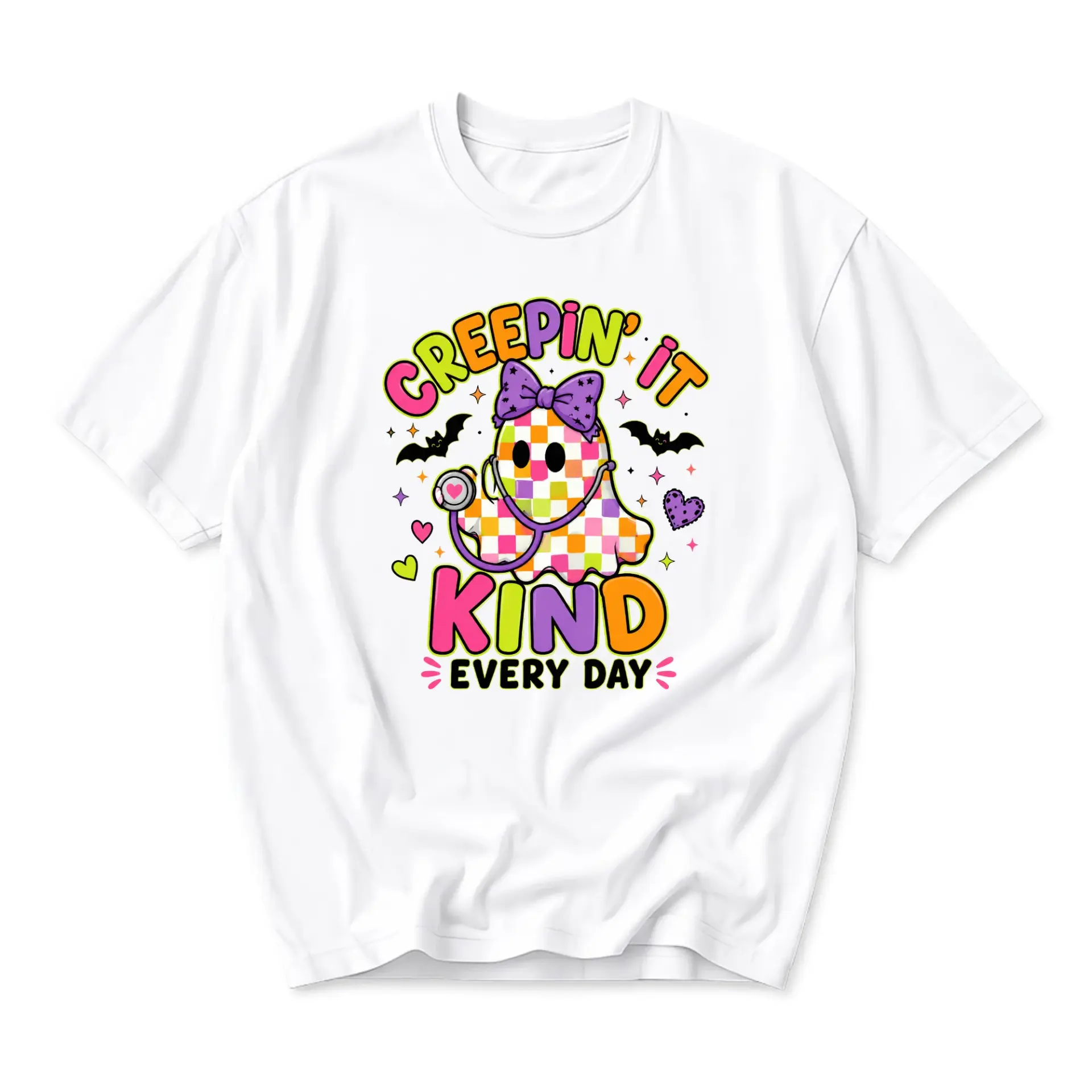 Graphic Tee Creepin It Kind Every Day Unisex Shirt White Cotton Crew Neck Casual Top Featuring Cute Ghost Medical Design