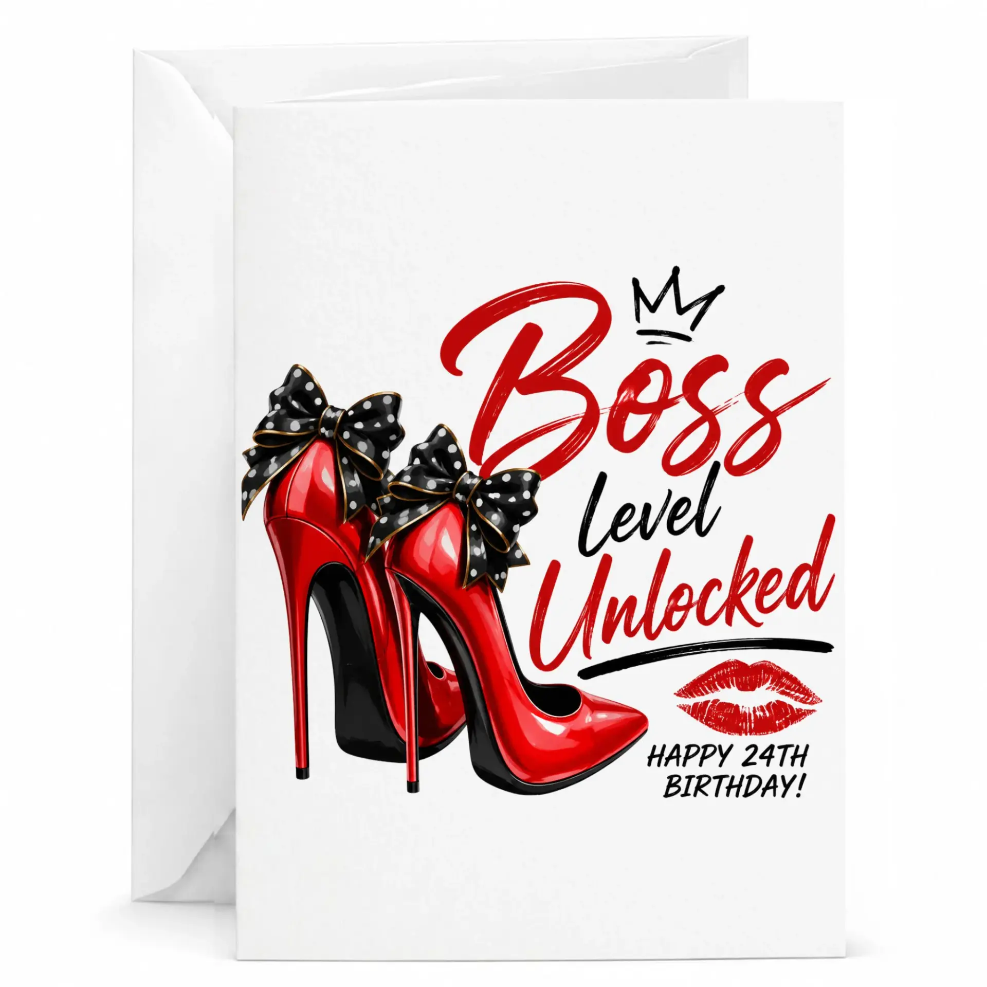 Birthday Card Boss Level Unlocked High Heel Fashion Greeting Card for Her Stylish Red Stiletto Party Stationery