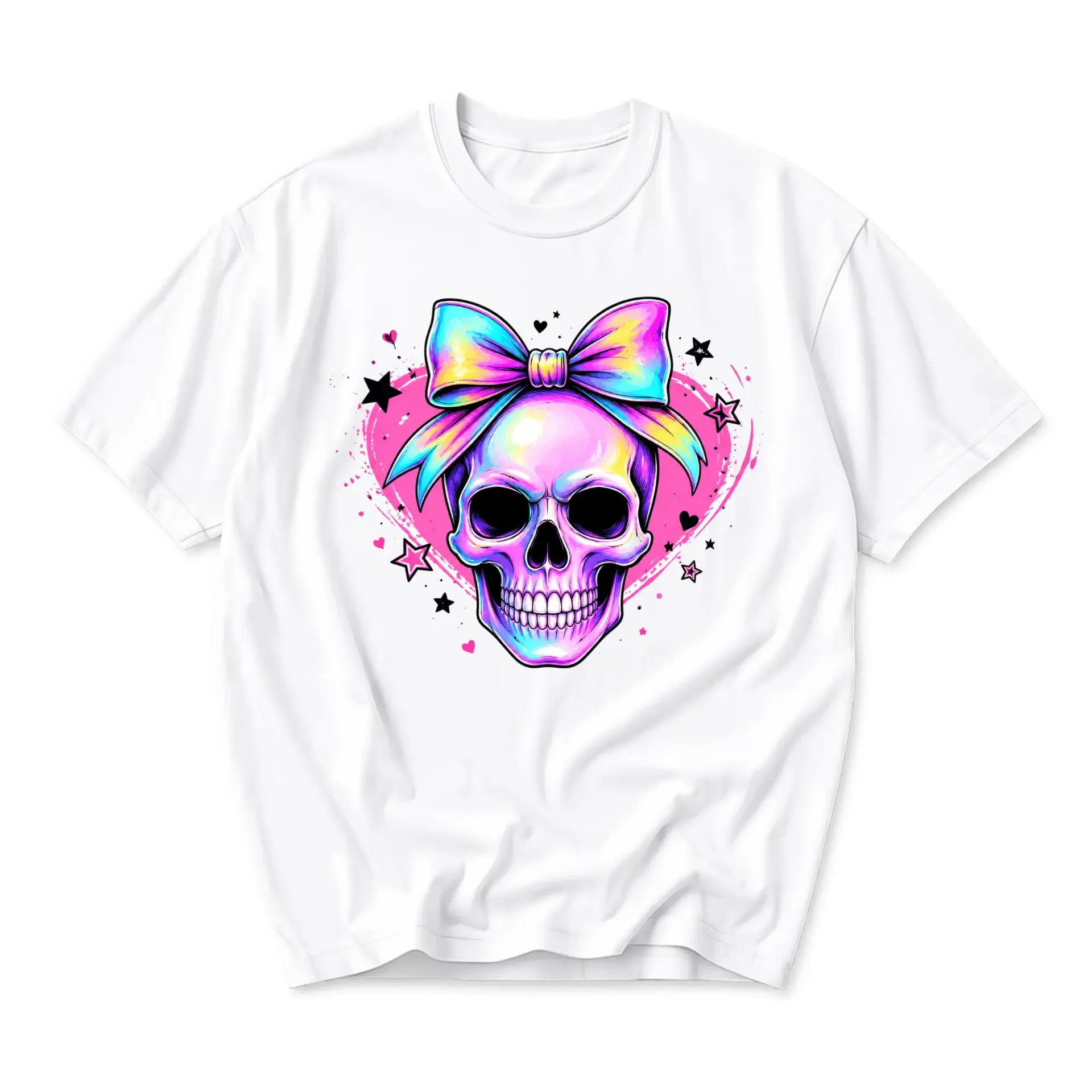 Graphic Tee Unisex Skull with Rainbow Bow Heart Print White Cotton Blend Casual Short Sleeve Everyday Shirt