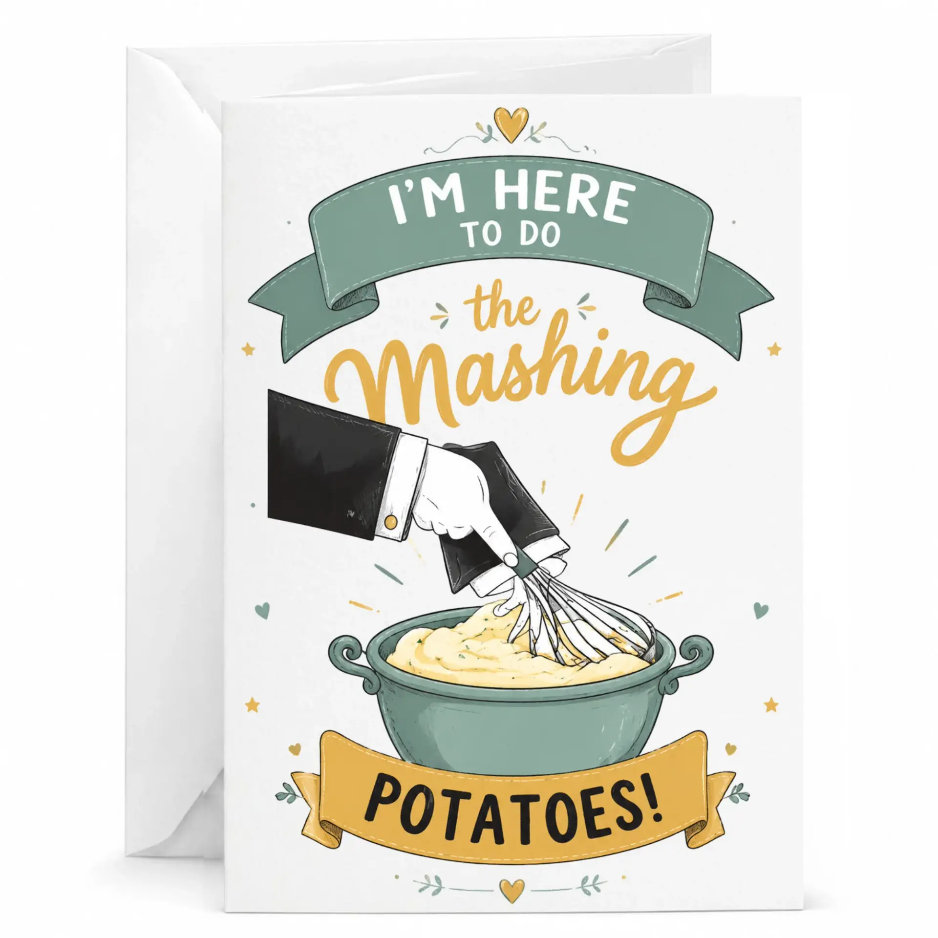 Funny Greeting Card I'm Here to Do the Mashing Potatoes Food Pun Illustration for Any Occasion 5x7 Inches