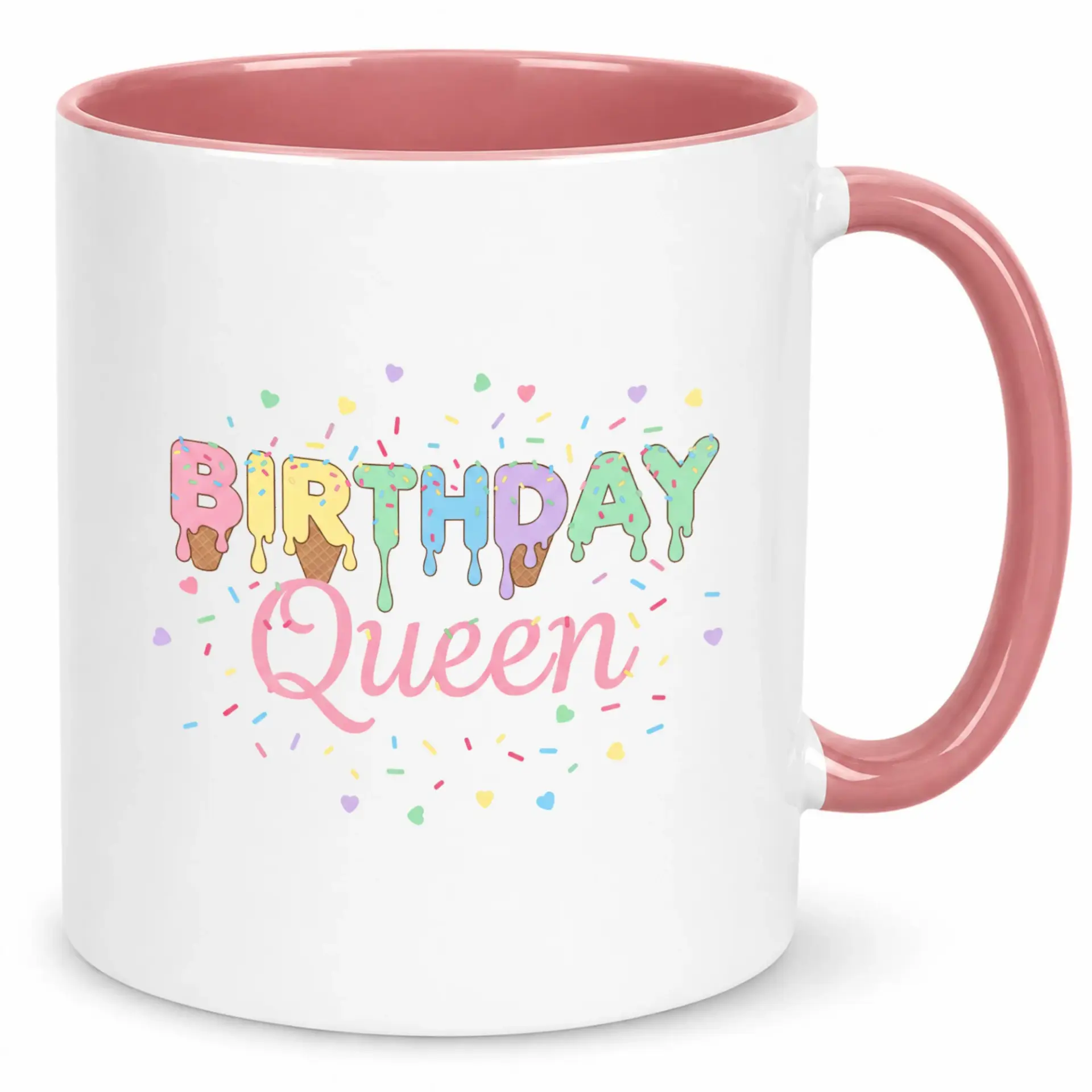 Funny Birthday Queen Ceramic Coffee Mug with Dessert Drip Lettering and Sprinkles Design 11oz or 15oz White Glossy Drinkware for Hot Beverages