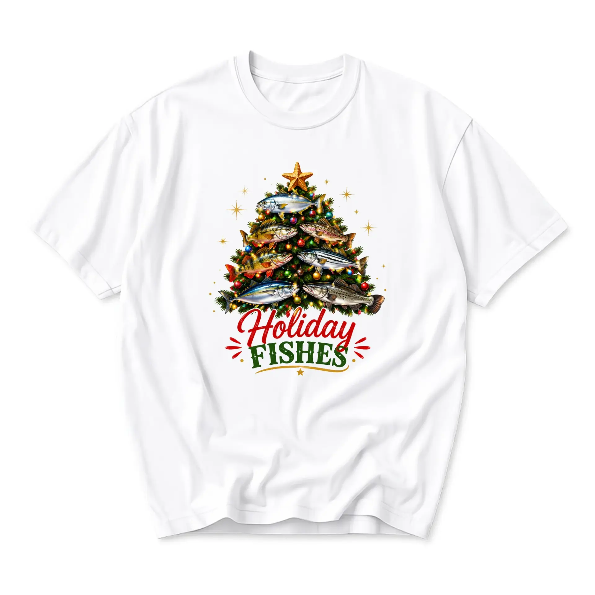 Funny Shirt Holiday Fishes Christmas Tree Fishing Graphic Tee Unisex Casual