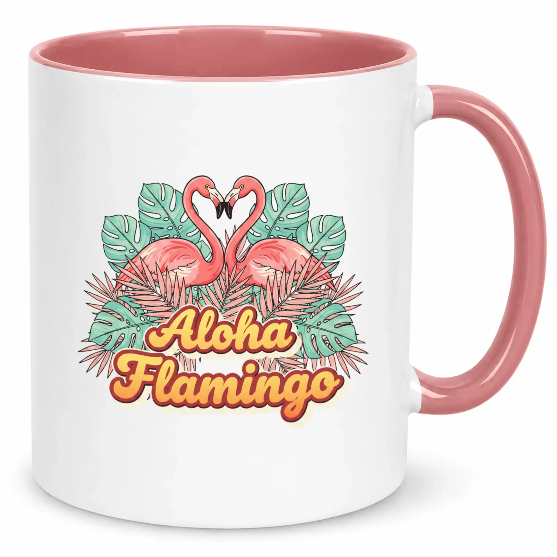 Funny Tropical Flamingo Ceramic Coffee Mug, Aloha Summer Hawaii Drinkware Gift, Pink Handle 11 Oz or 15 Oz Kitchen Beverage Cup