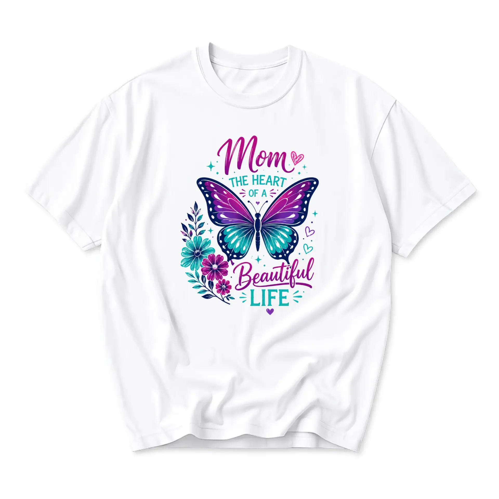 Graphic Tee Mom the Heart of a Beautiful Life Butterfly Floral Print Unisex Casual Crew Neck Comfortable T-Shirt