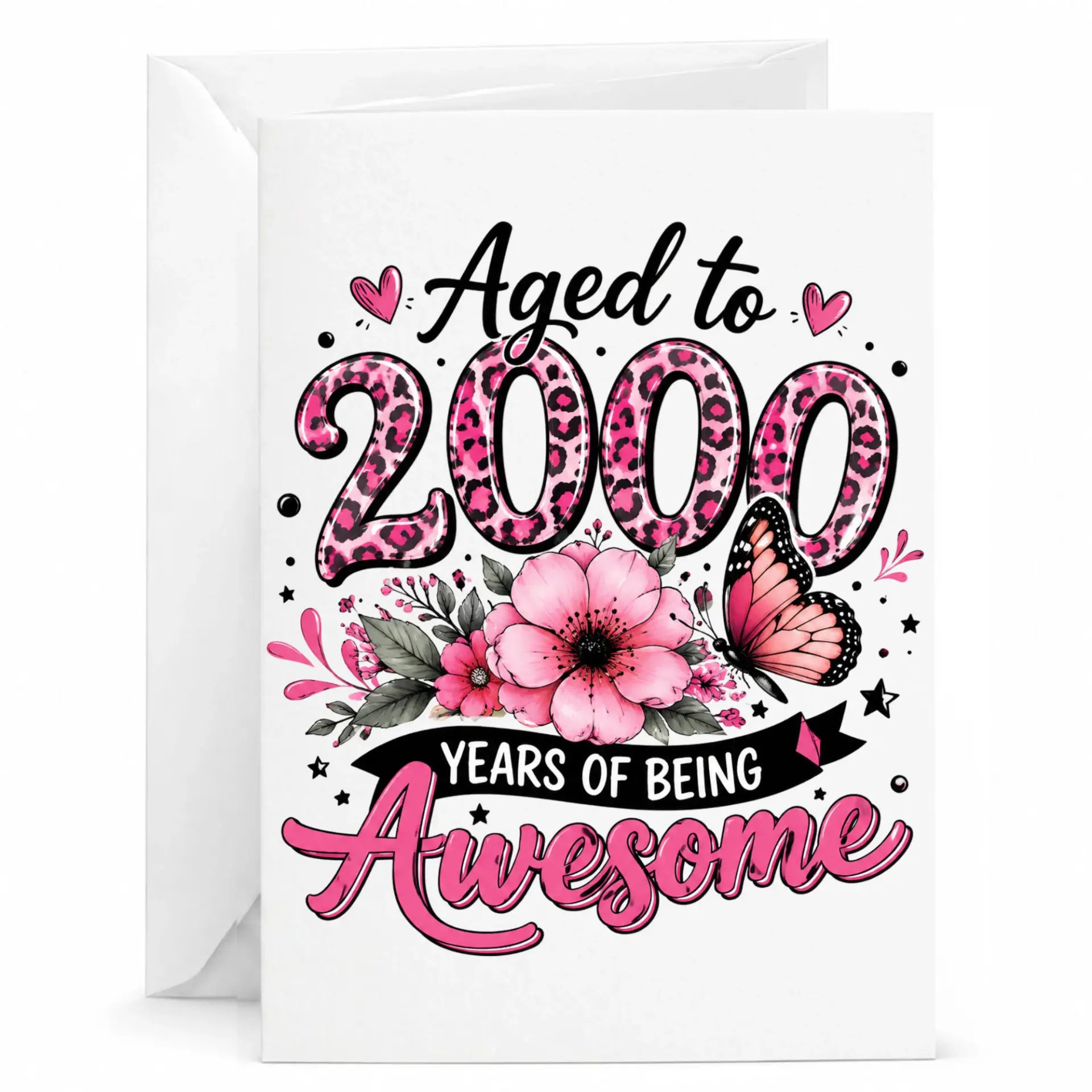 Funny Birthday Card Aged to 2000 Years of Being Awesome Greeting Card with Pink Leopard Print and Floral Butterfly Art
