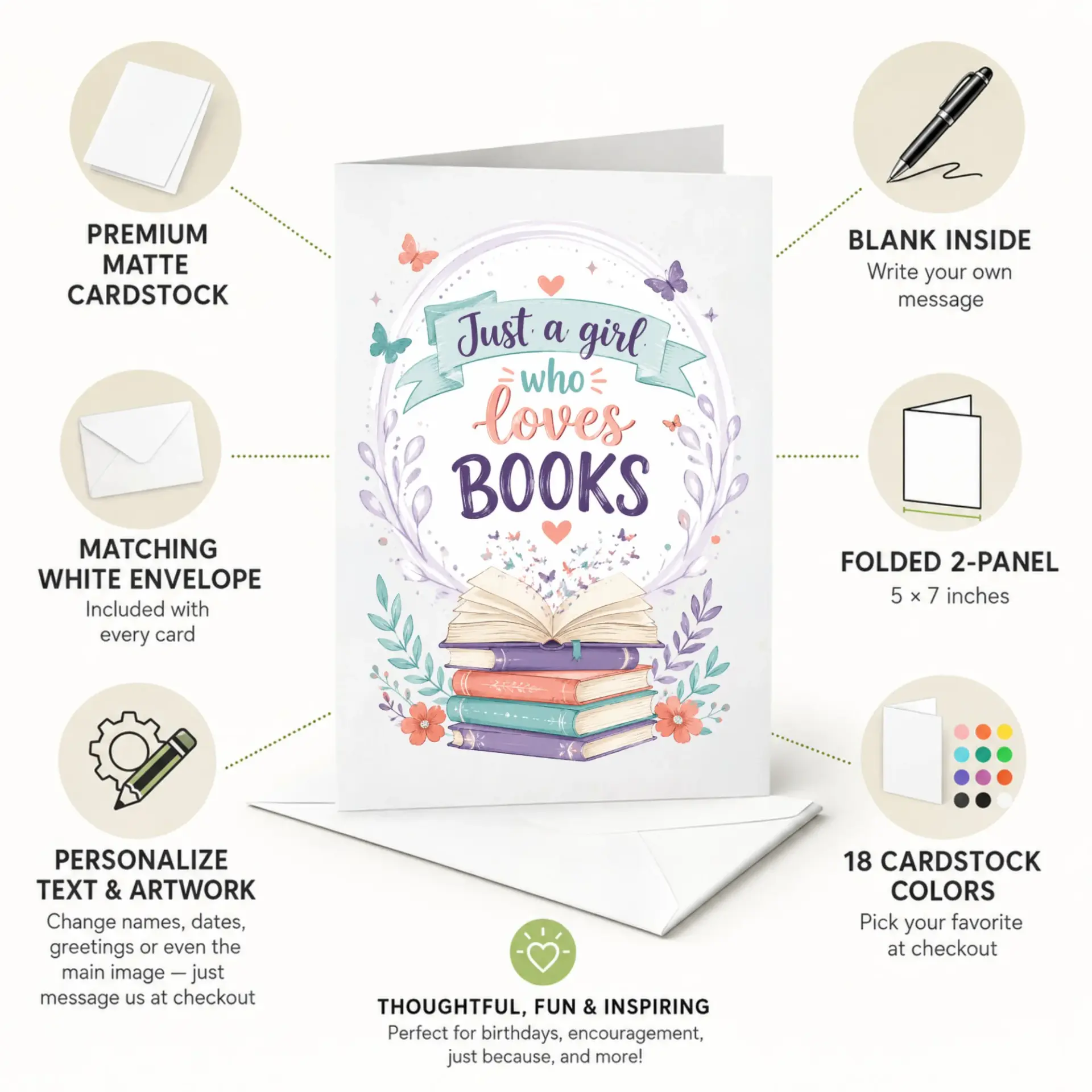 Greeting Card Just a Girl Who Loves Books Whimsical Literature Theme Stationery for Readers and Book Lovers