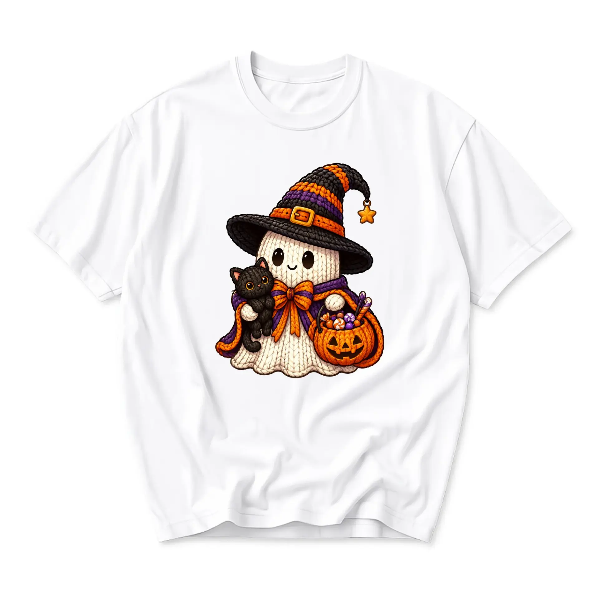 Graphic Tee Unisex Halloween Ghost Witch T-Shirt with Cute Cat and Pumpkin Basket for Casual Everyday Festive Apparel