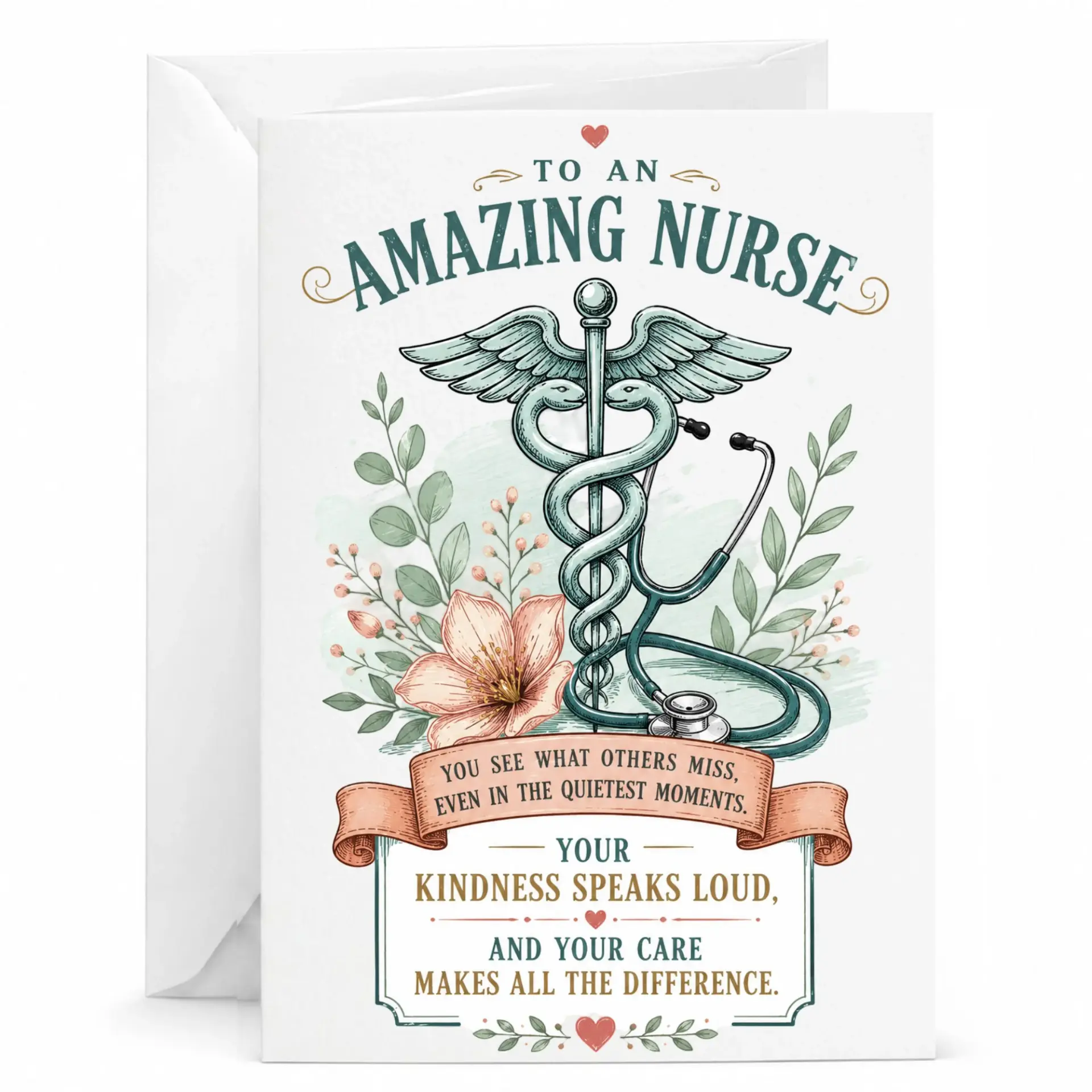 Card for Nurse Appreciation Floral Caduceus Stethoscope Design Professional Premium Heavyweight Greeting
