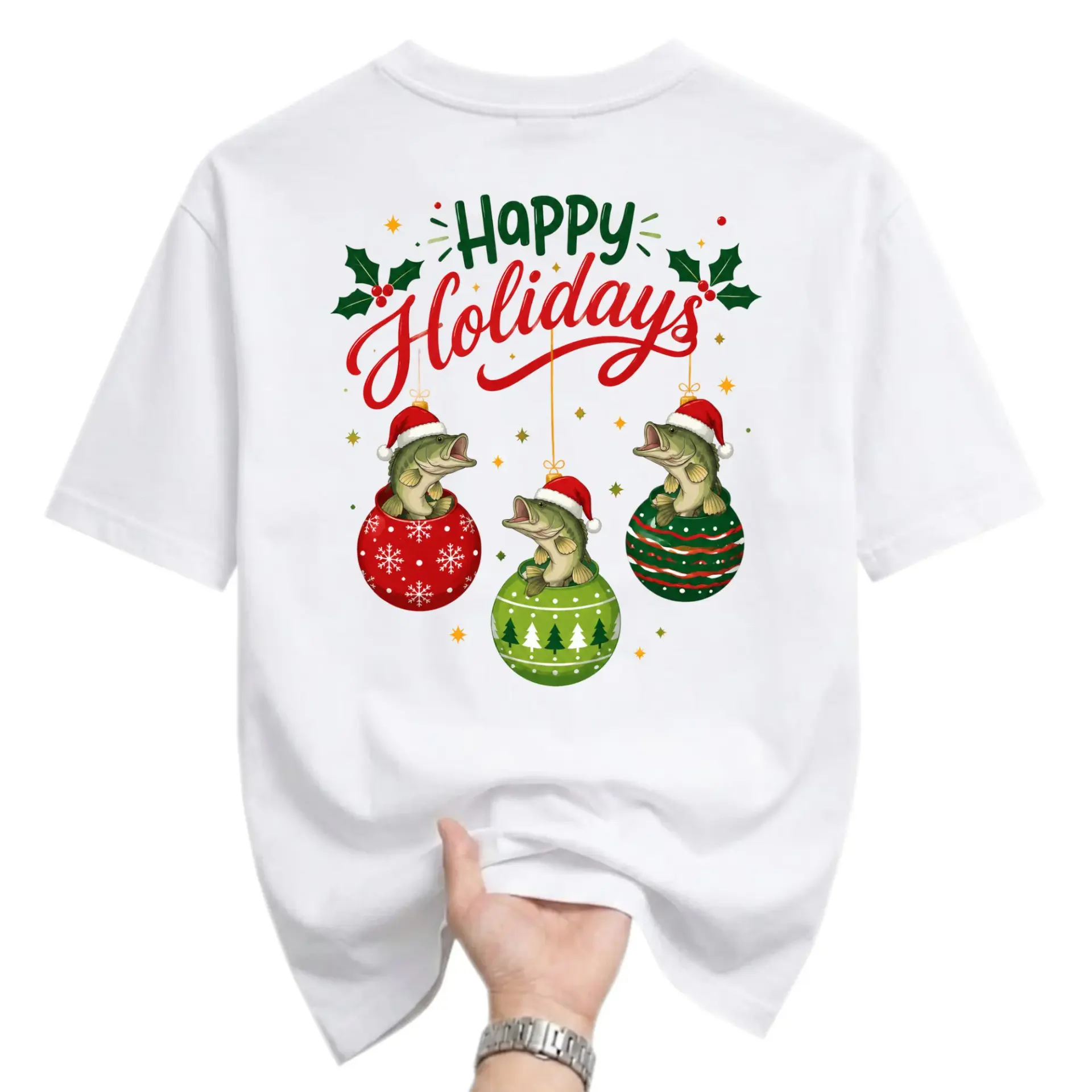 Funny Shirt Happy Holidays Fishing Graphic Tee Unisex Crew Neck Short Sleeve Casual Cotton Blend Holiday Apparel