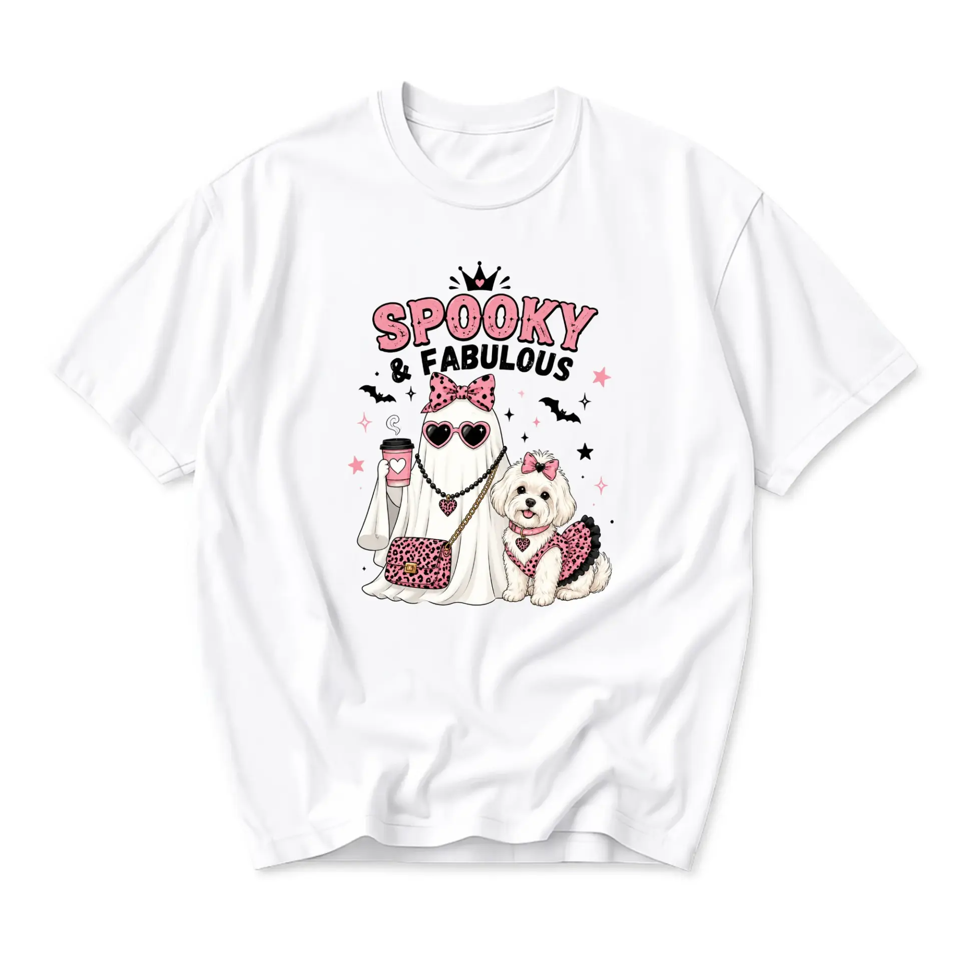 Funny Shirt Spooky and Fabulous Graphic Tee Cute Ghost and Dog Unisex Apparel Soft Cotton Casual Crew Neck Top