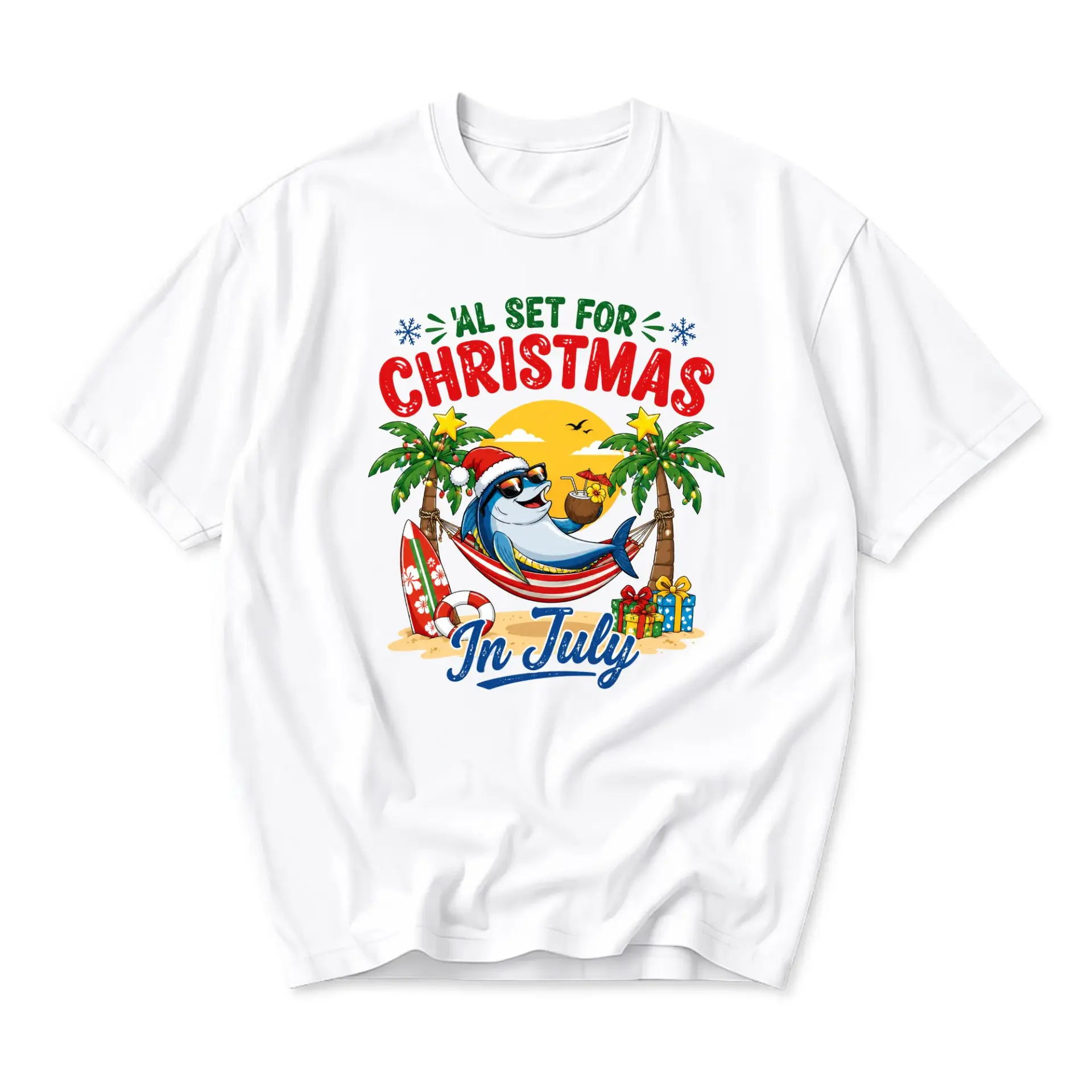 Funny Shirt Christmas in July Tropical Dolphin Graphic Tee Unisex Casual Summer Holiday Crew Neck T-Shirt Short Sleeve