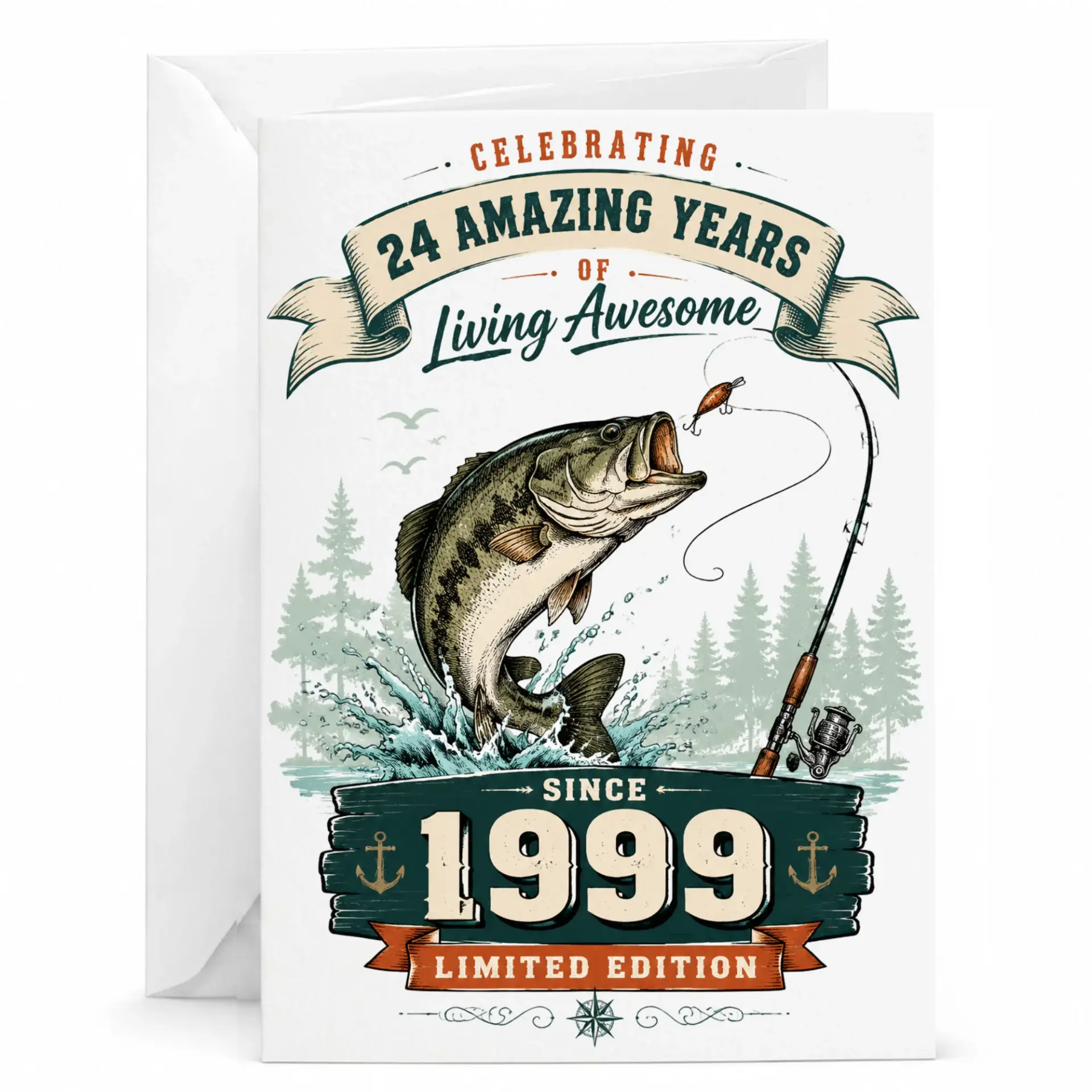 Greeting Card for 24th Birthday Celebrating 24 Amazing Years of Living Awesome Since 1999 Fishing Theme Anniversary