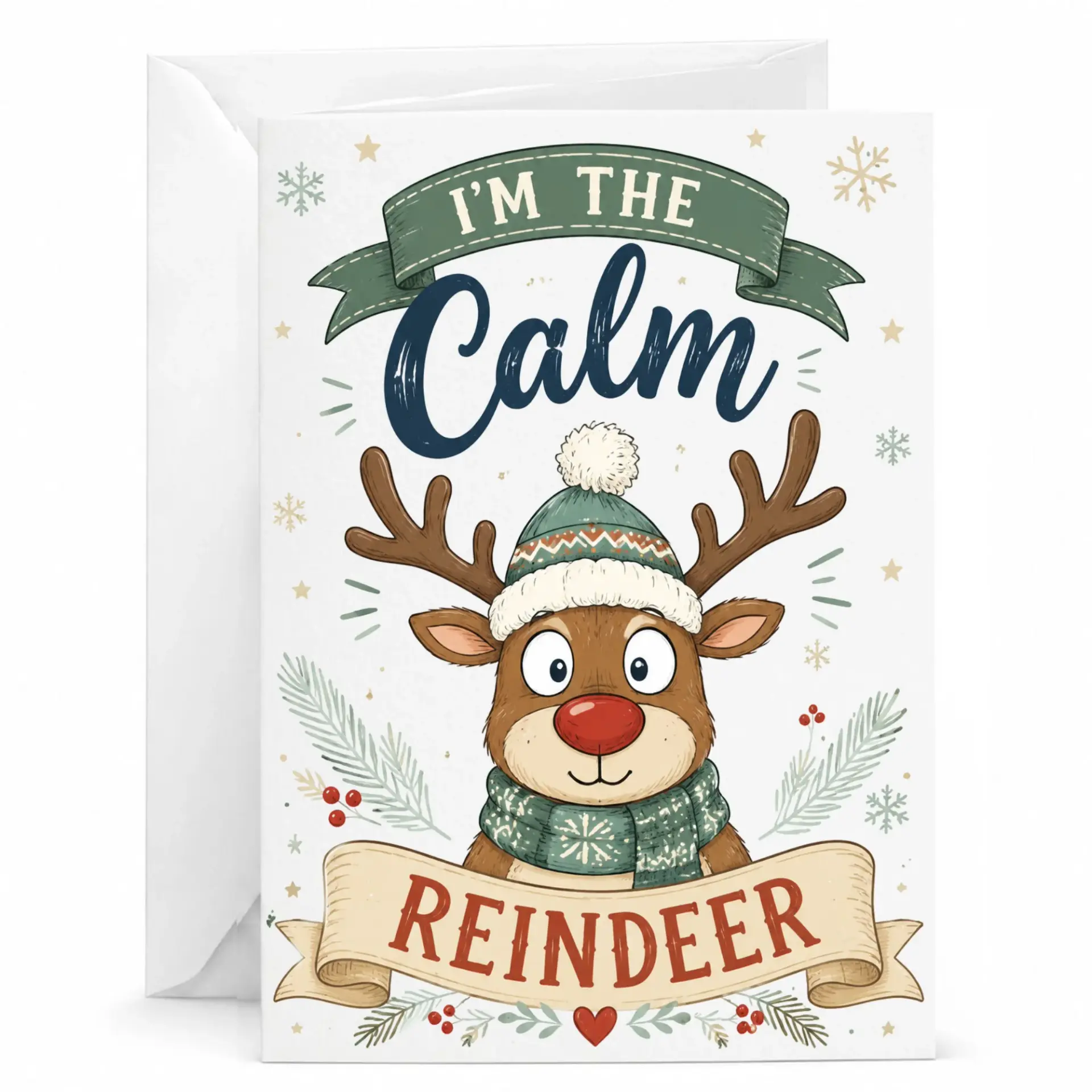 Funny Reindeer Greeting Card I Am the Calm Holiday Stationary for Seasonal Wishes and Festive Personal Notes 5x7 Inches