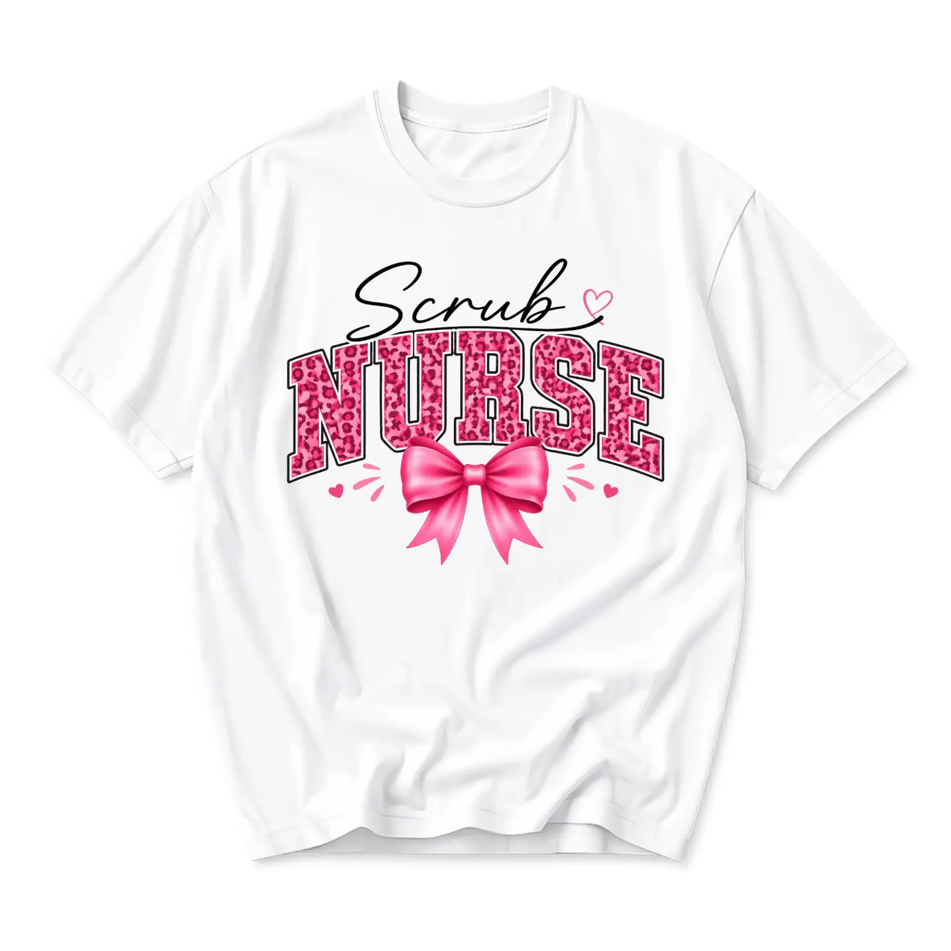 Graphic Tee Scrub Nurse Shirt Pink Leopard Print Bow Design Unisex Casual Crew Neck Apparel for Healthcare Workers