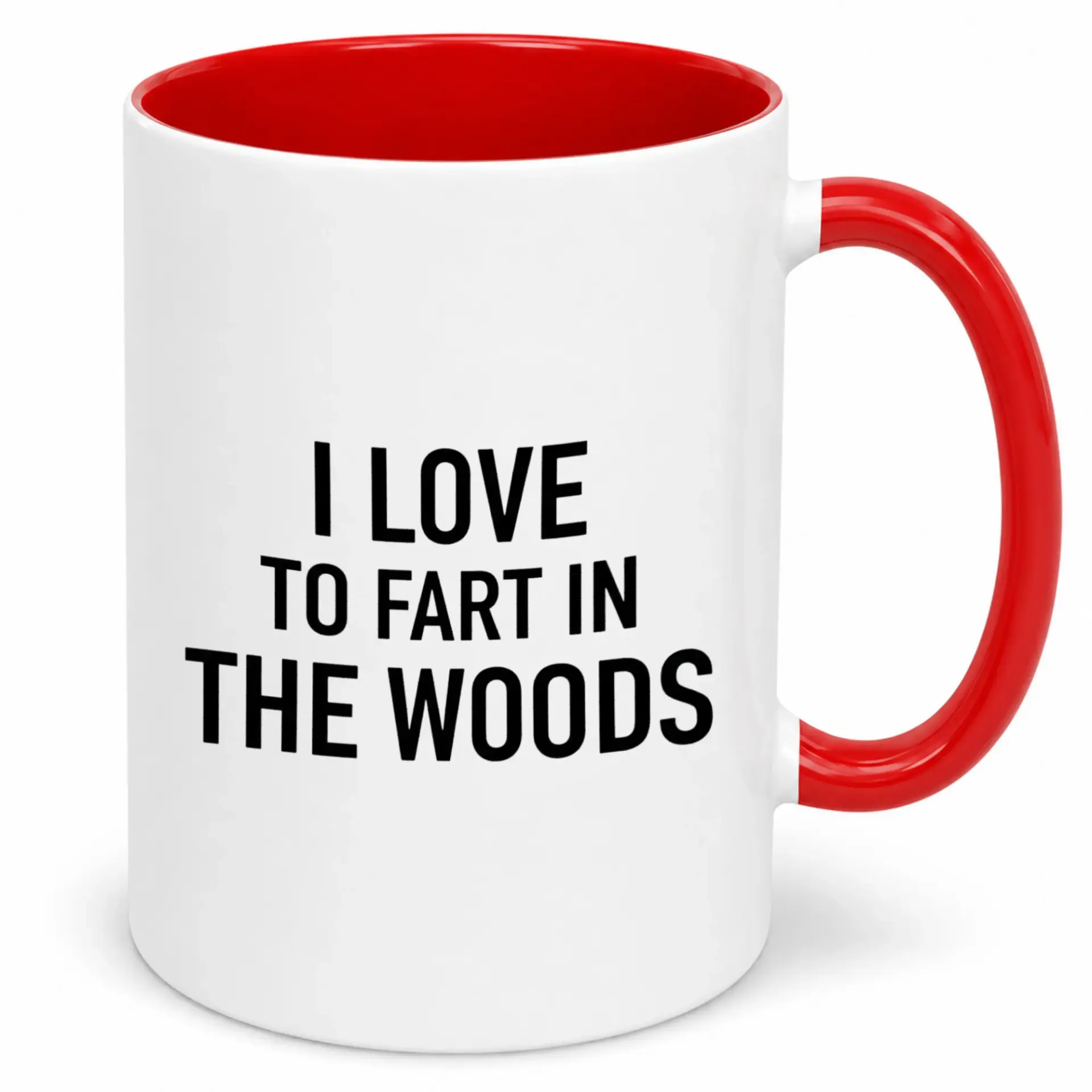 Funny Ceramic Coffee Mug with Red Handle and Humorous Forest Farting Quote Design, 11 Oz or 15 Oz Capacity Beverage Cup