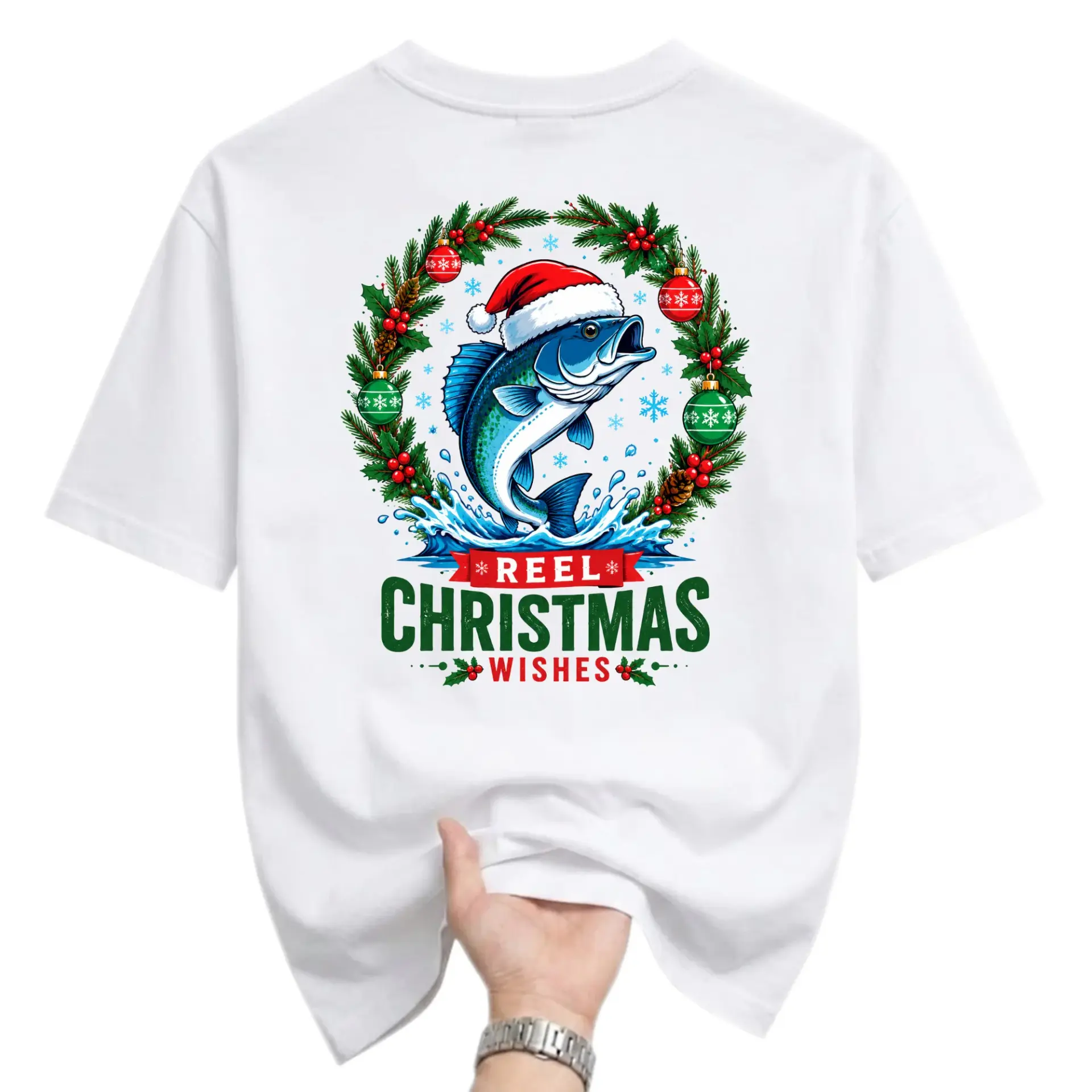 Funny Shirt Reel Christmas Wishes Graphic Tee Fisherman Santa Hat Holiday Festive Unisex Crew Neck Casual Cotton Top