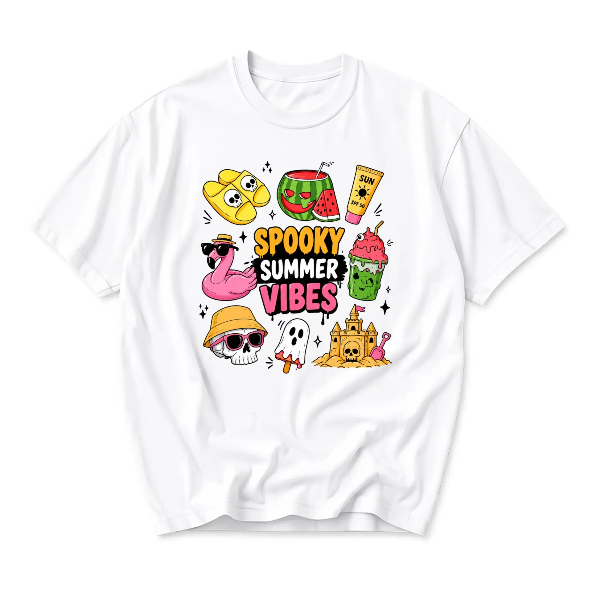 Funny Shirt Spooky Summer Vibes Graphic Tee Unisex Casual Crew Neck Comfortable Cotton Blend Short Sleeve Vacation Top