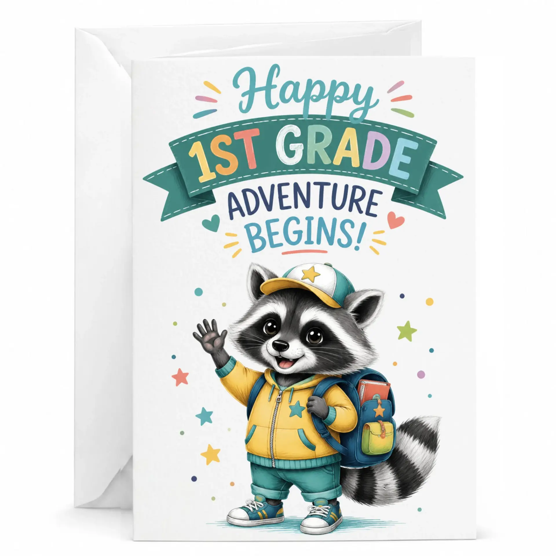 Greeting Card Happy 1st Adventure Begins Featuring Cute Raccoon Character for and