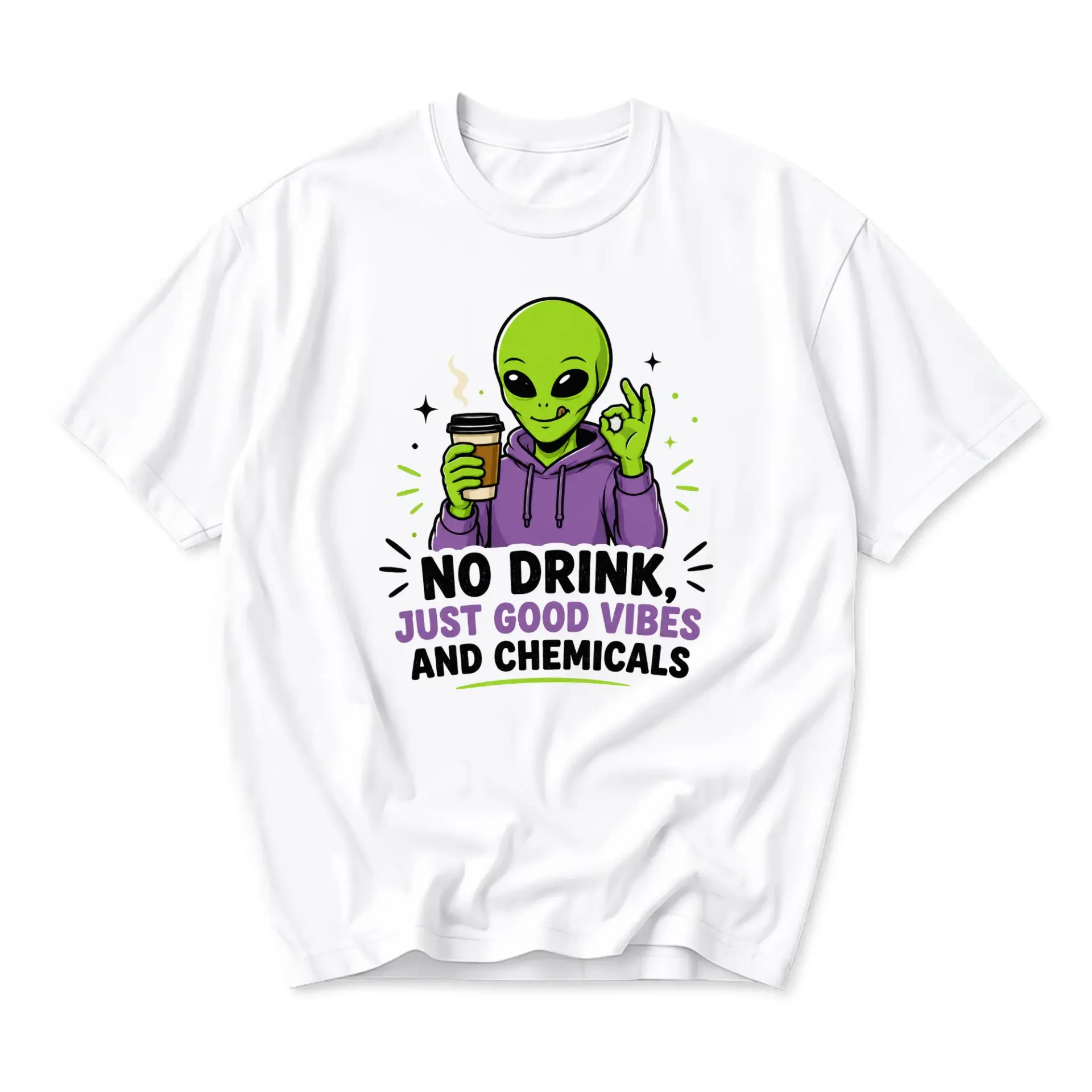 Funny Shirt Unisex Graphic Printed T-Shirt Featuring a Relaxed Alien Character with Coffee and Humorous Text