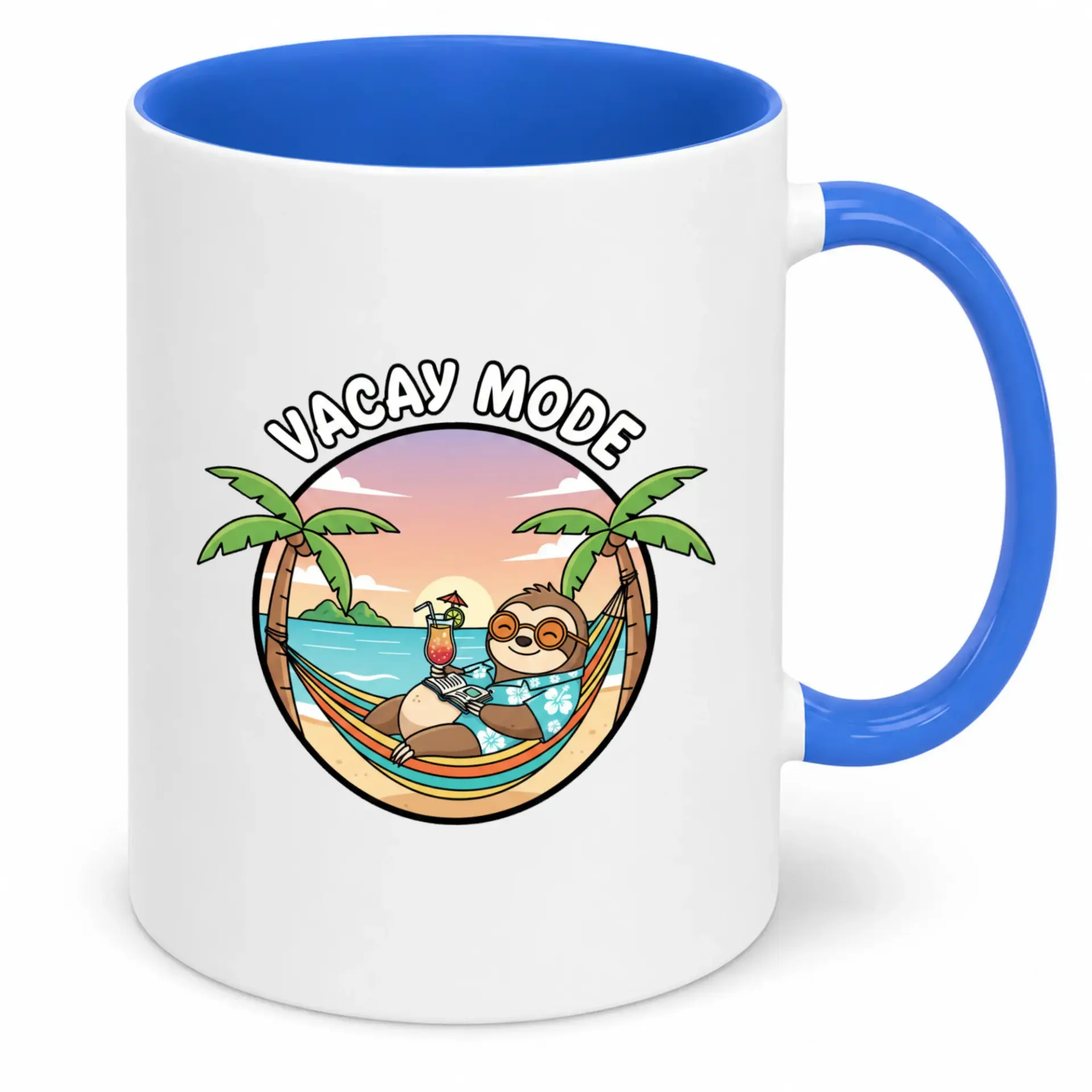 Funny Sloth Vacay Mode Ceramic Coffee Mug with Beach Palm Tree Design, Relaxing Vacation Themed Drinkware for Home Office