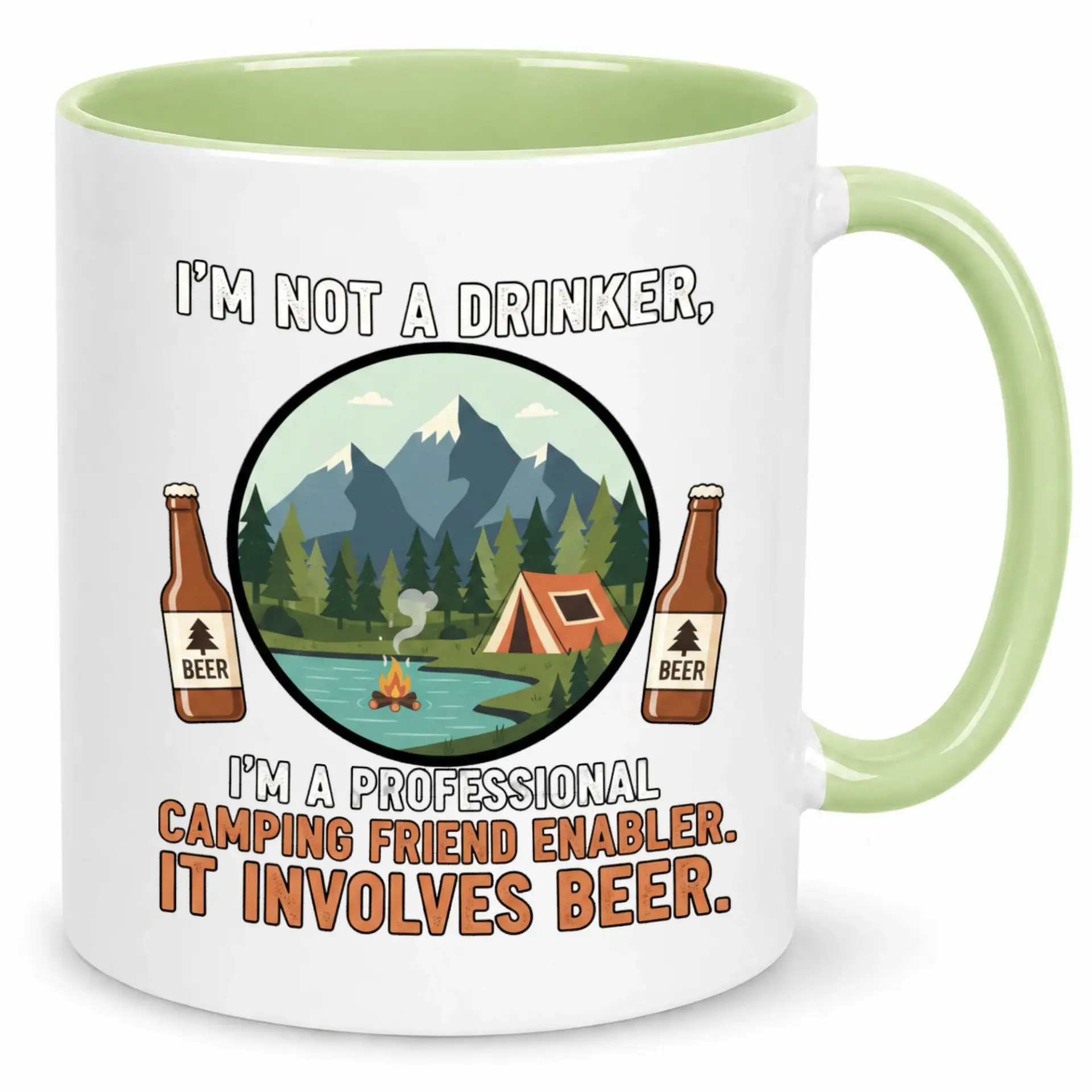 Funny Camping Friend Enabler Ceramic Coffee Mug, Humorous Outdoor Adventure Beer Lover Drinkware, Unique Gift for Campers and Enthusiasts