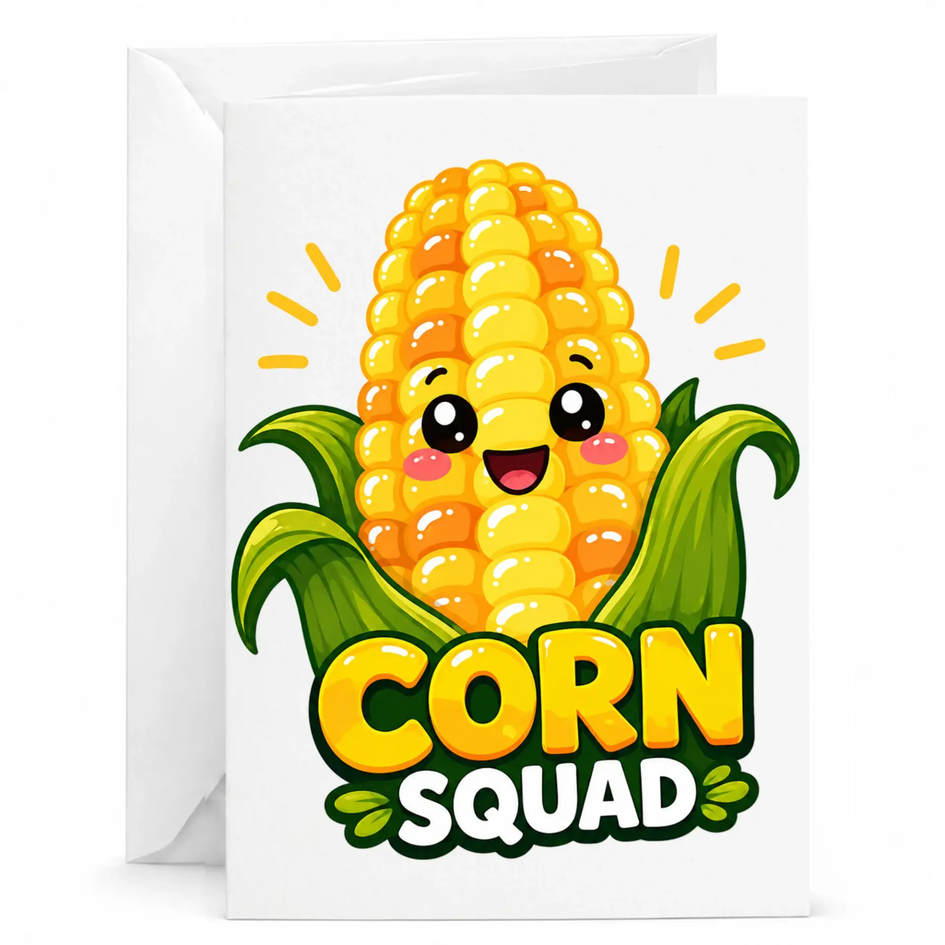 Funny Corn Squad Greeting Card with Envelope for Birthday Congratulations Featuring Cute Kawaii Vegetable Design