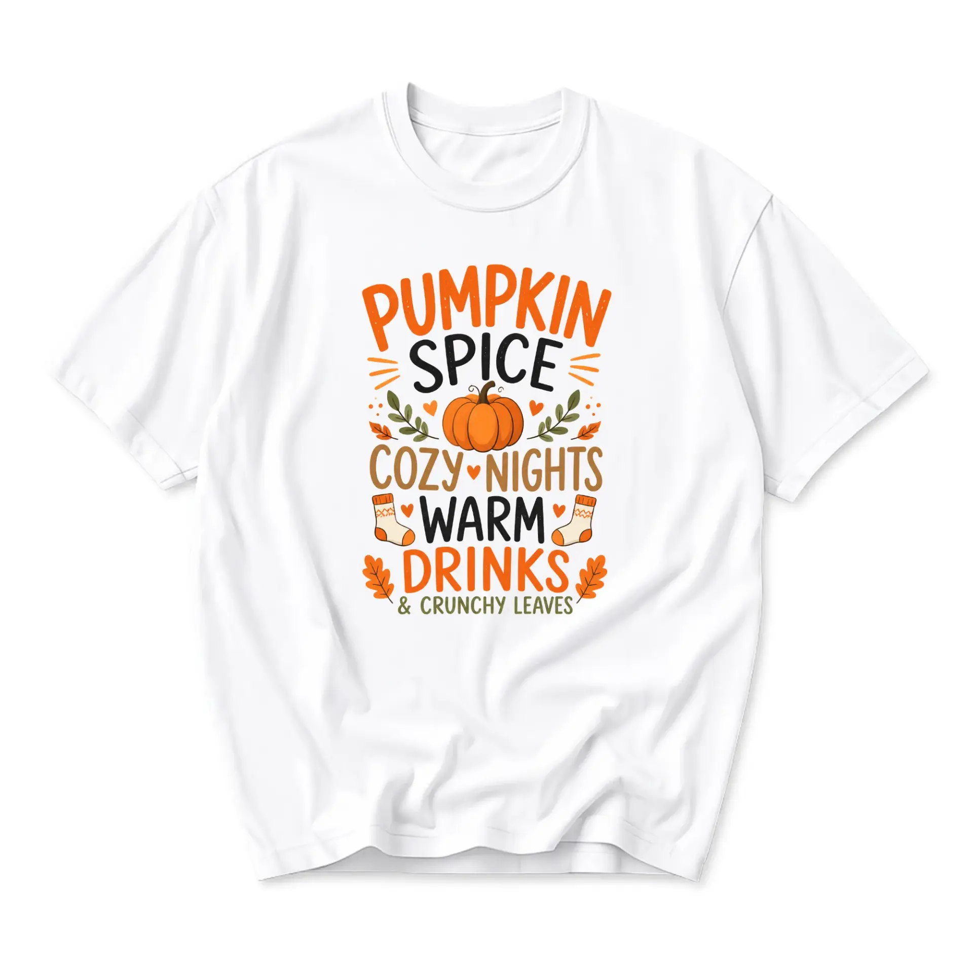 Graphic Tee Pumpkin Spice Cozy Nights Warm Drinks Crunchy Leaves Fall Theme Unisex Casual Cotton Blend Crew Neck Shirt