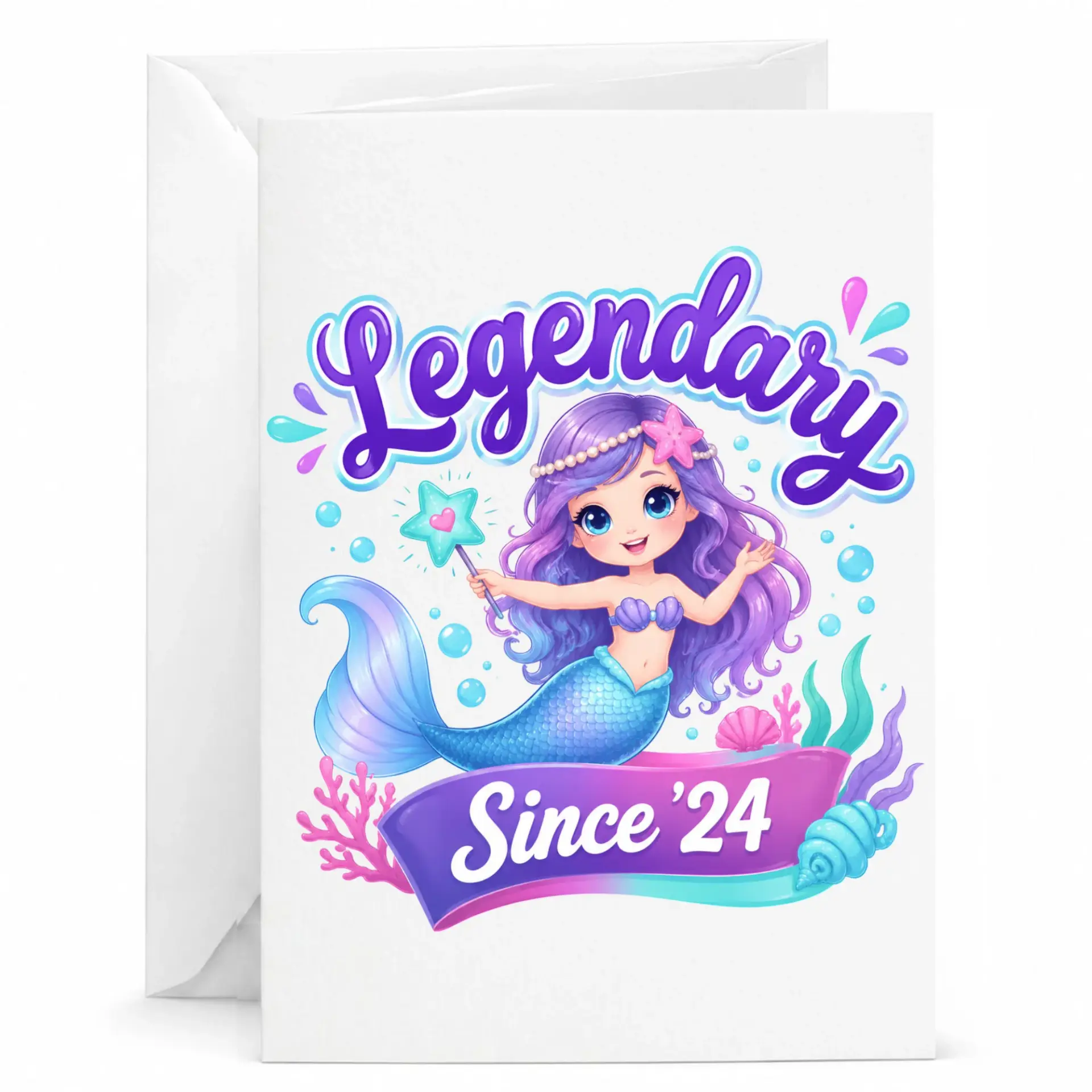 Birthday Card Legendary Since 24 Mermaid Design for Celebrating Special Milestones Greeting Card with Matching Envelope