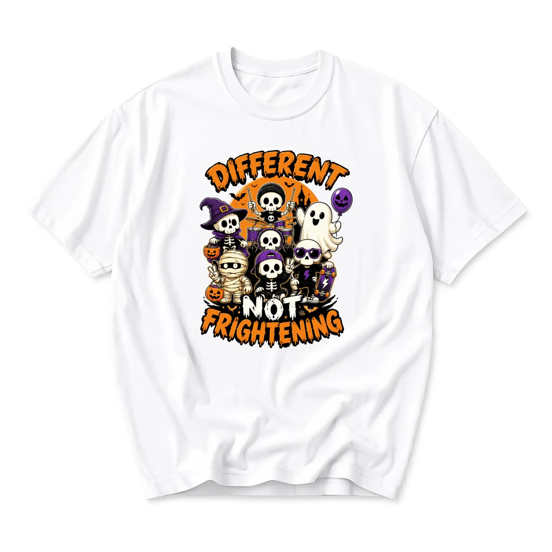 Graphic Tee Different Not Frightening Skeleton Band Halloween Print Unisex Casual Crew Neck Comfortable Cotton Shirt