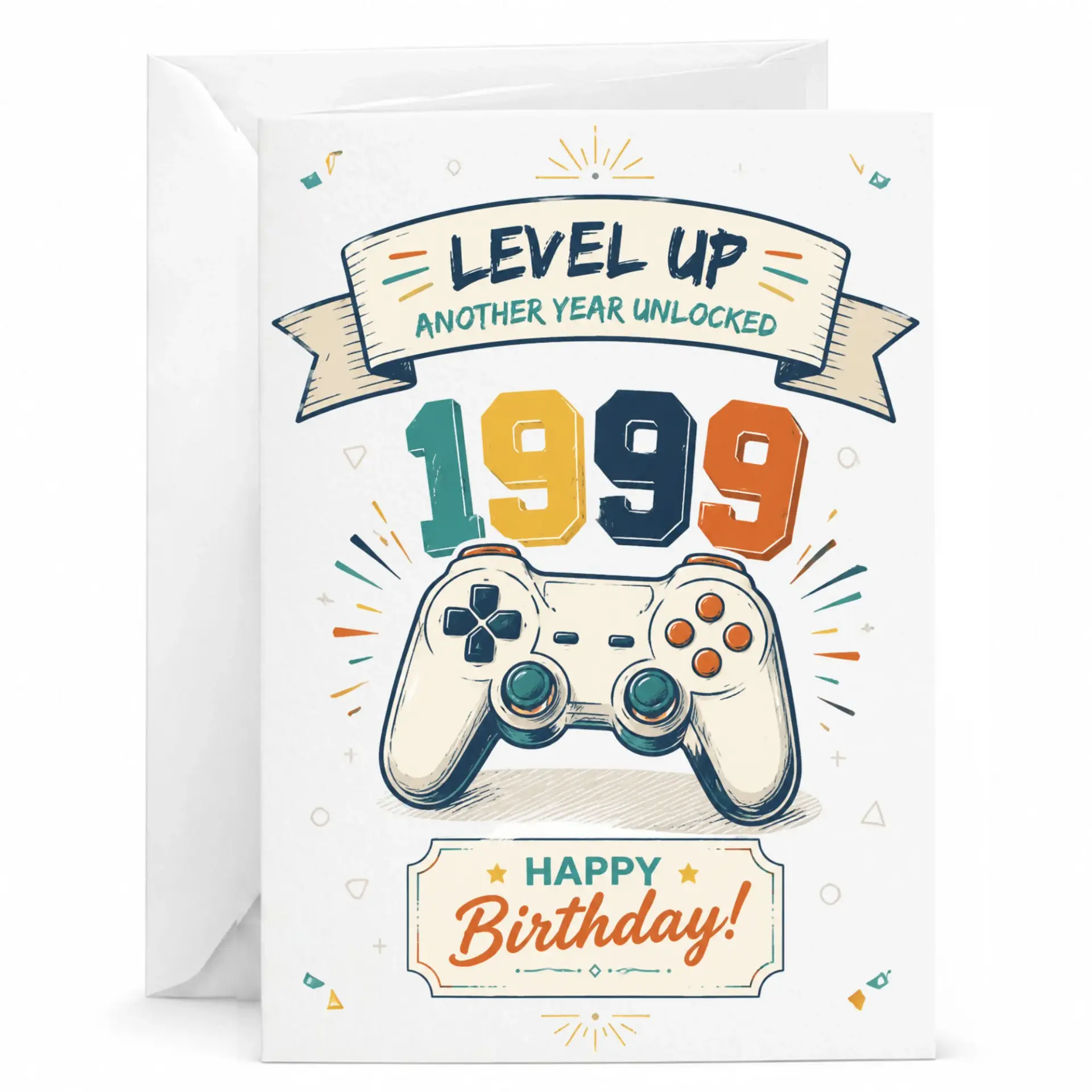 Birthday Card Level up Video Game Theme for Gamers 1999 Another Year Unlocked Greeting Card with Matching White Envelope