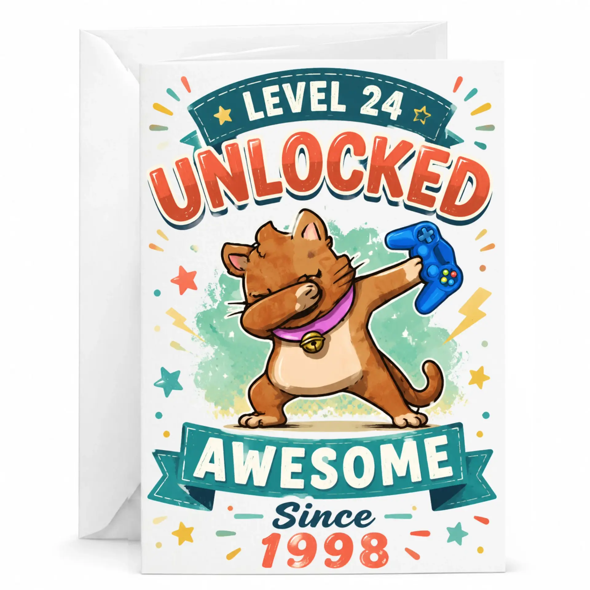 Funny Birthday Card Level 24 Unlocked Awesome Since 1998 Greeting Card with Matching White Envelope