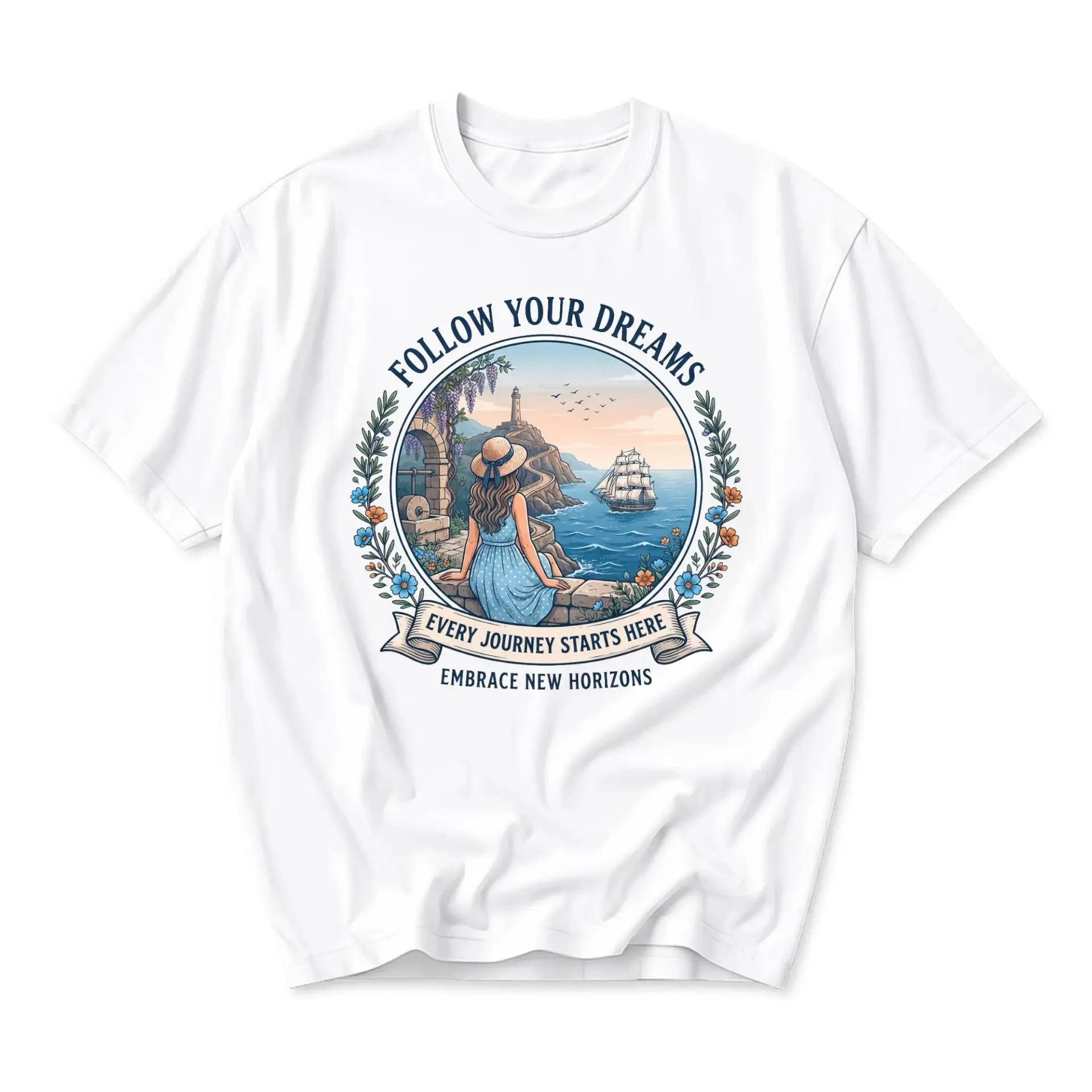 Graphic Tee Follow Your Dreams Inspirational Nautical Scenery Unisex Crew Neck Short Sleeve Cotton Casual Shirt