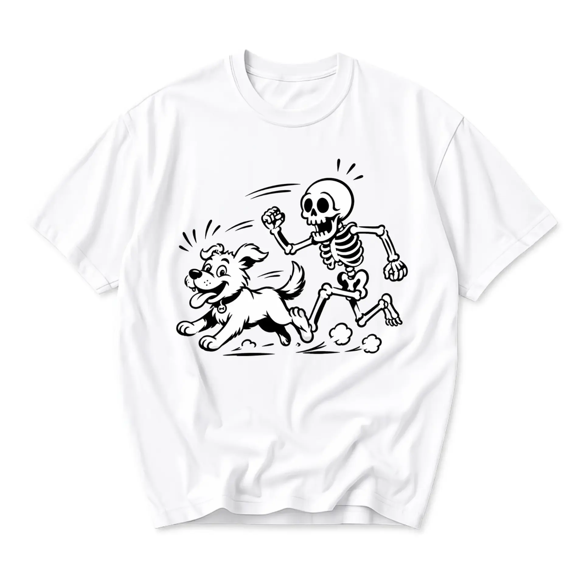 Graphic Tee Unisex Crew Neck T-Shirt Featuring a Playful Skeleton Chasing a Happy Dog Cartoon Illustration Design