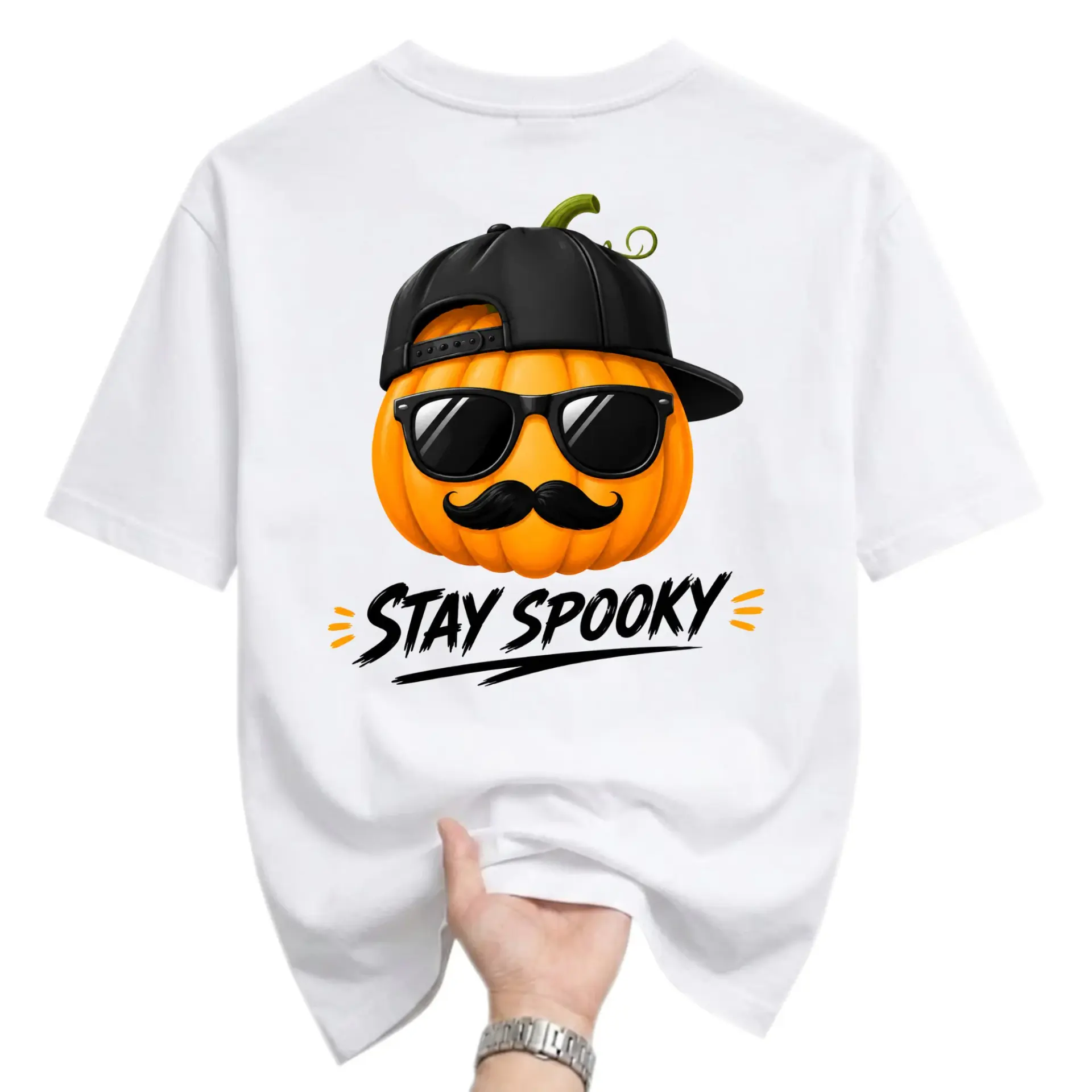 Funny Shirt Stay Spooky Pumpkin Graphic Tee with Sunglasses and Cap Unisex Casual Crew Neck Apparel for Autumn Holidays