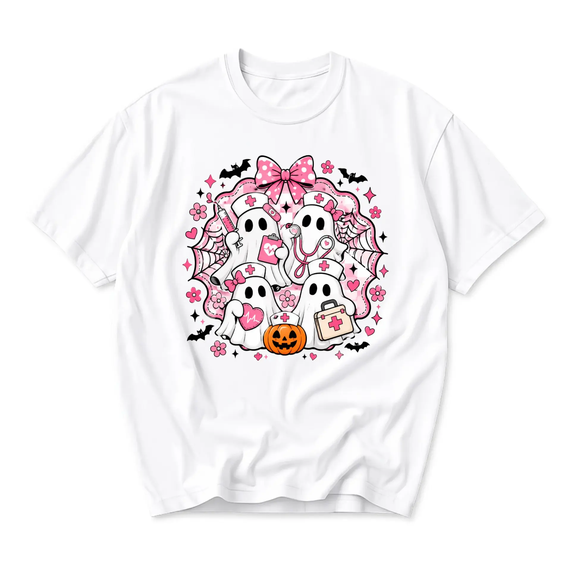 Funny Shirt Nurse Ghost Graphic Tee Spooky Halloween Costume Cotton Blend Casual Unisex Crew Neck Top Apparel for Adults
