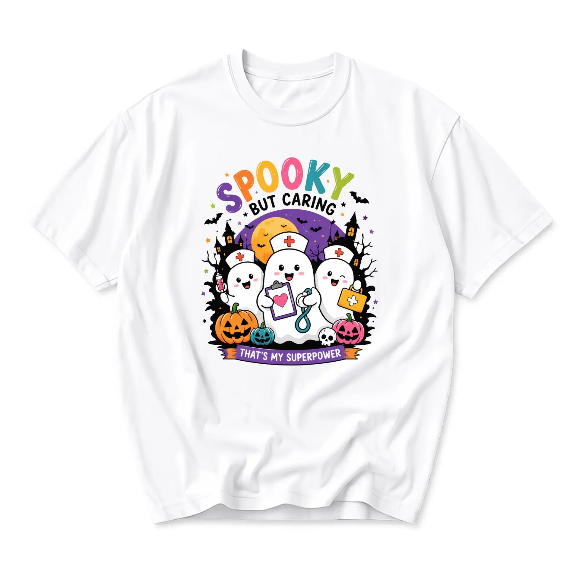 Graphic Tee Spooky but Caring Nurse Ghost T-Shirt Funny Halloween Medical Professional Unisex Crew Neck Cotton Top