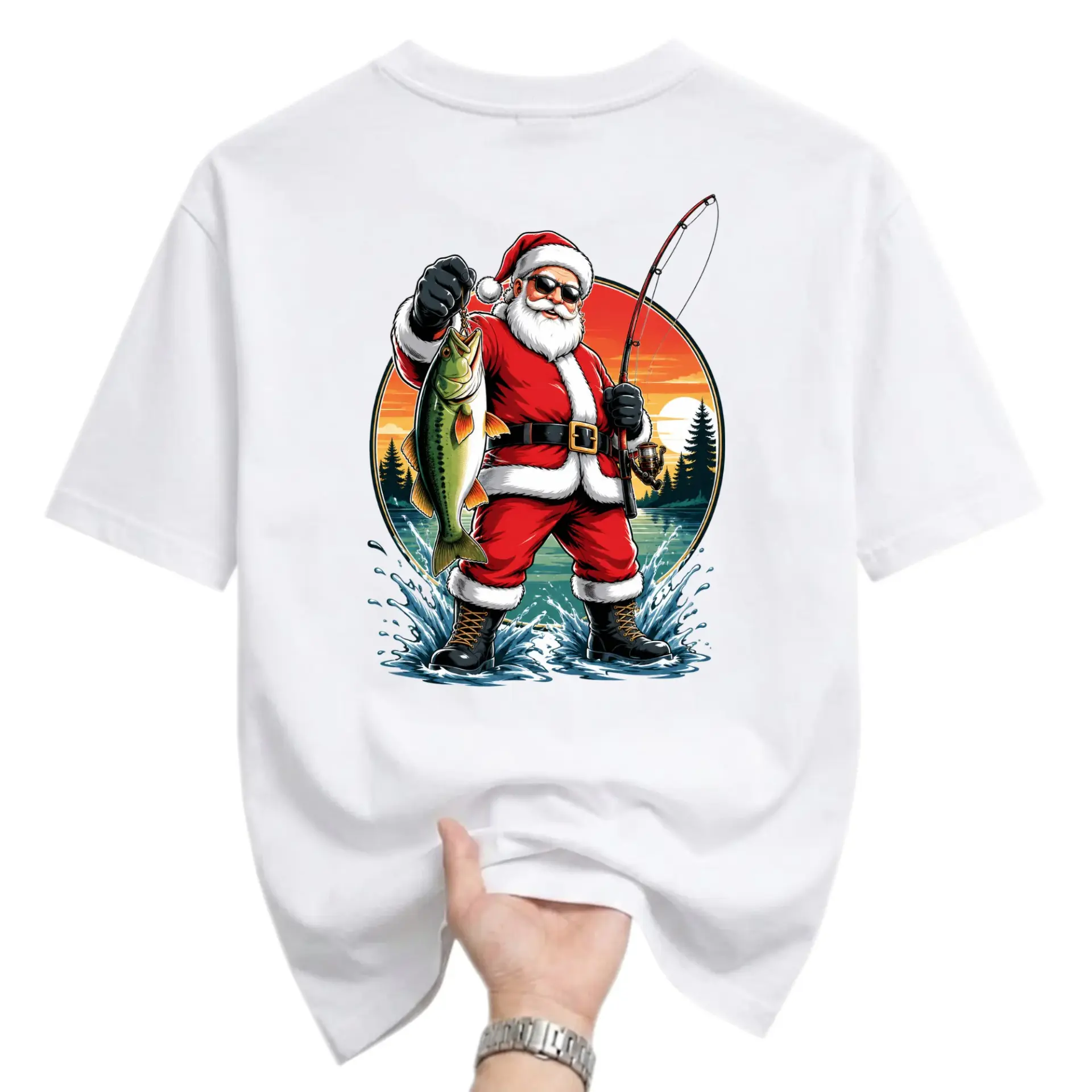 Funny Shirt Fishing Santa Graphic Tee Holiday Fisherman Gift Unisex Casual Crew Neck Comfortable Cotton Blend Top