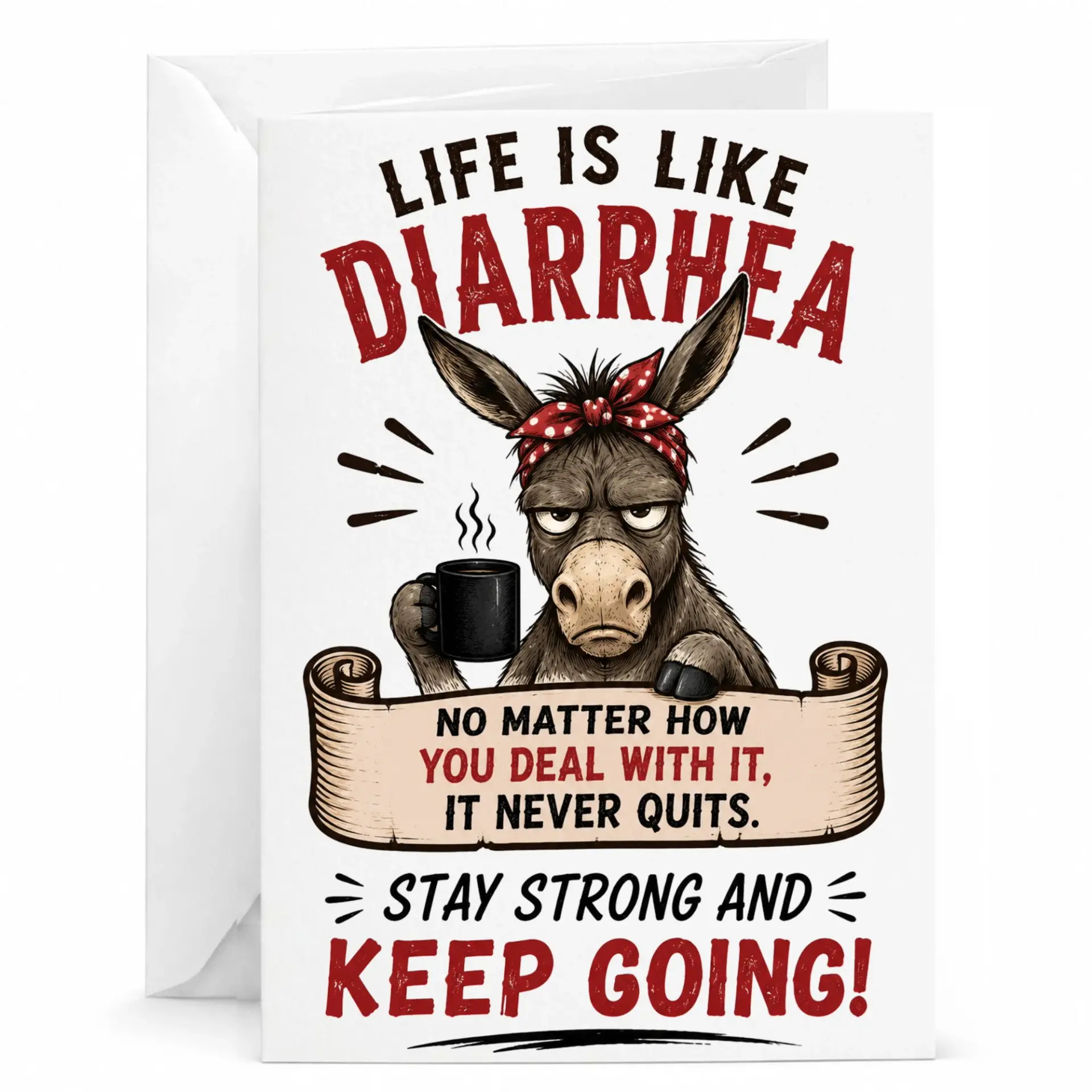 Funny Donkey Greeting Card Life Is Like Diarrhea Sarcastic Humor for Friends and Family with Matching White Envelope