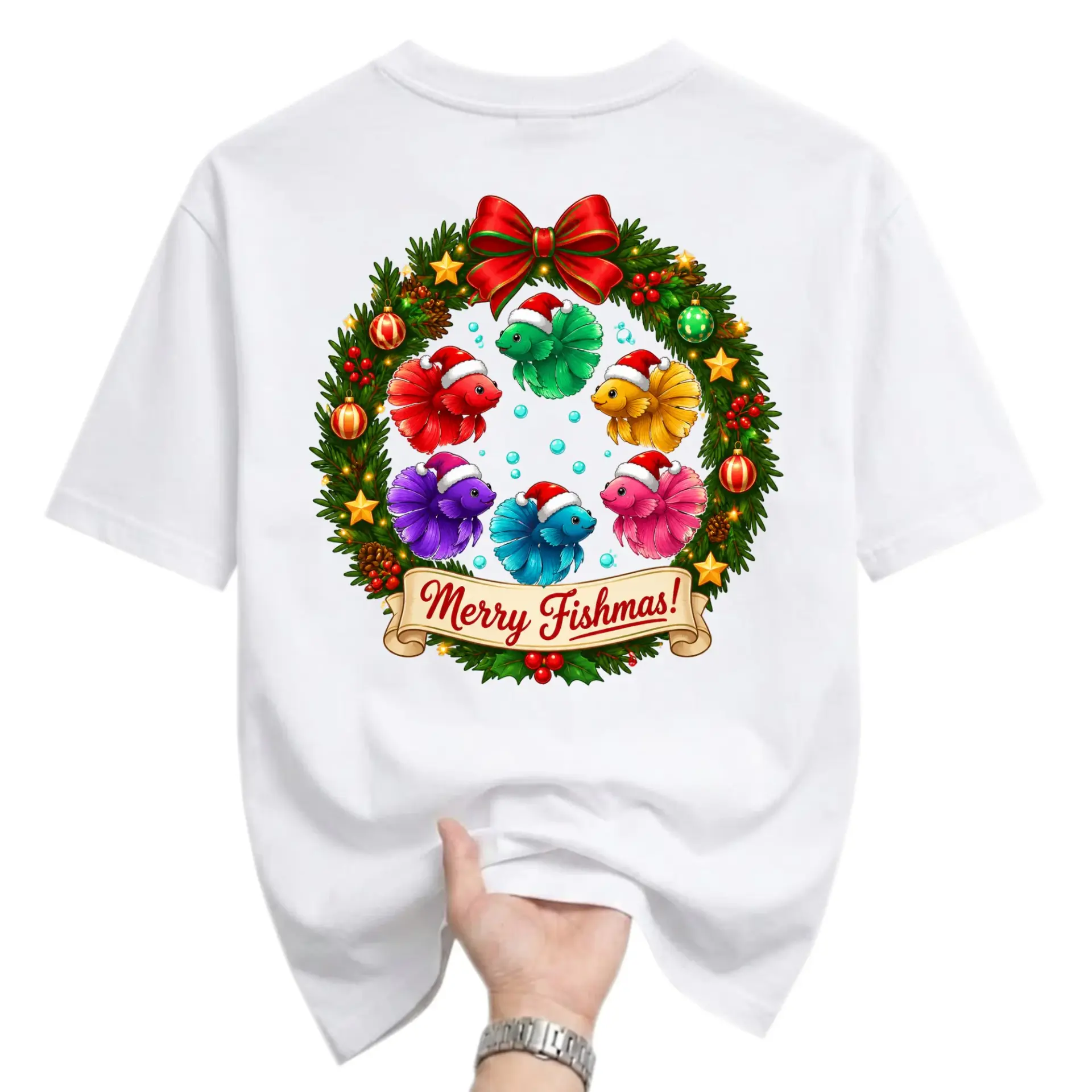 Funny Shirt Merry Fishmas Holiday Graphic Tee Featuring Colorful Fish in