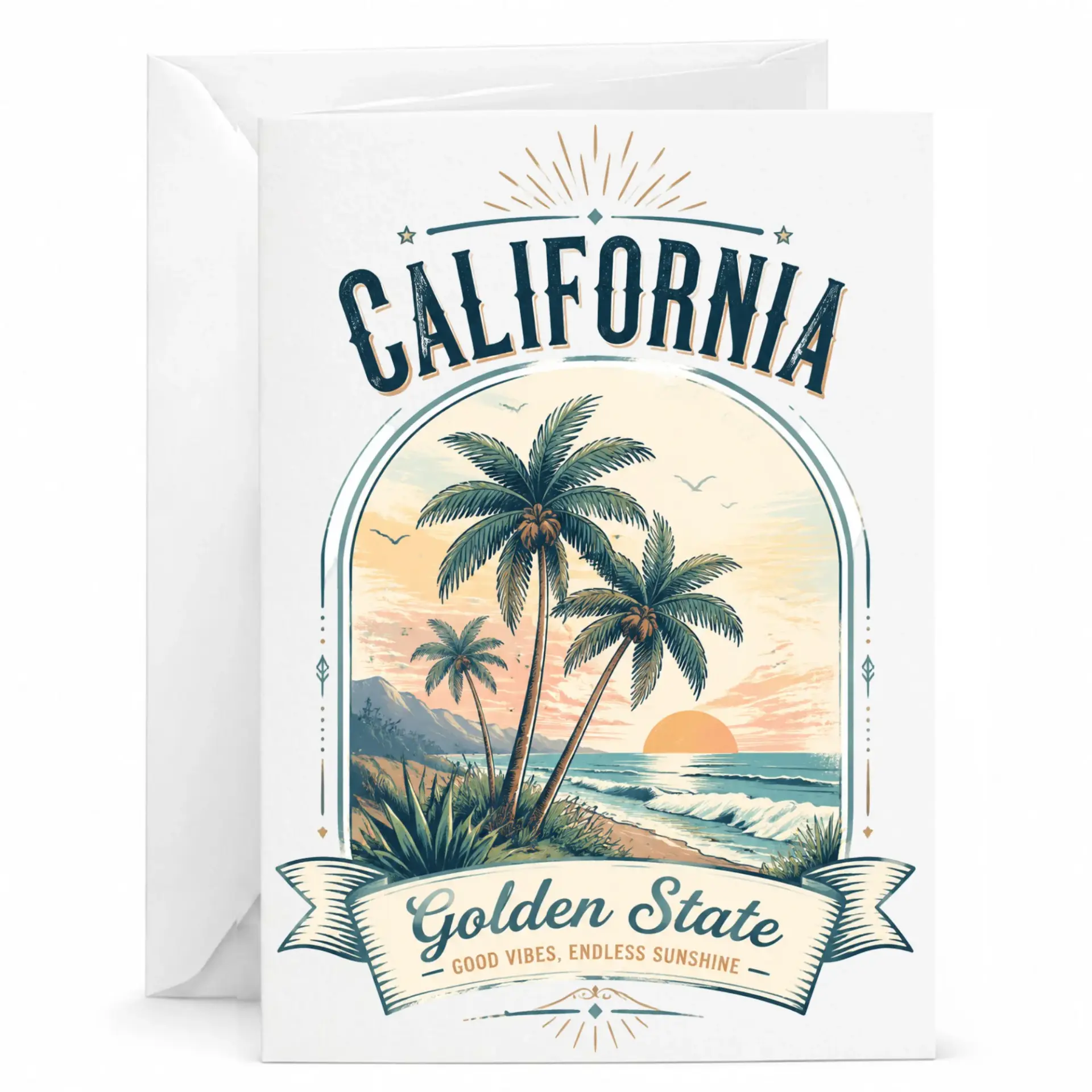 Greeting Card California Golden State Coastal Sunset Beach Design with Palm Trees Premium Note Card for Personal Messages