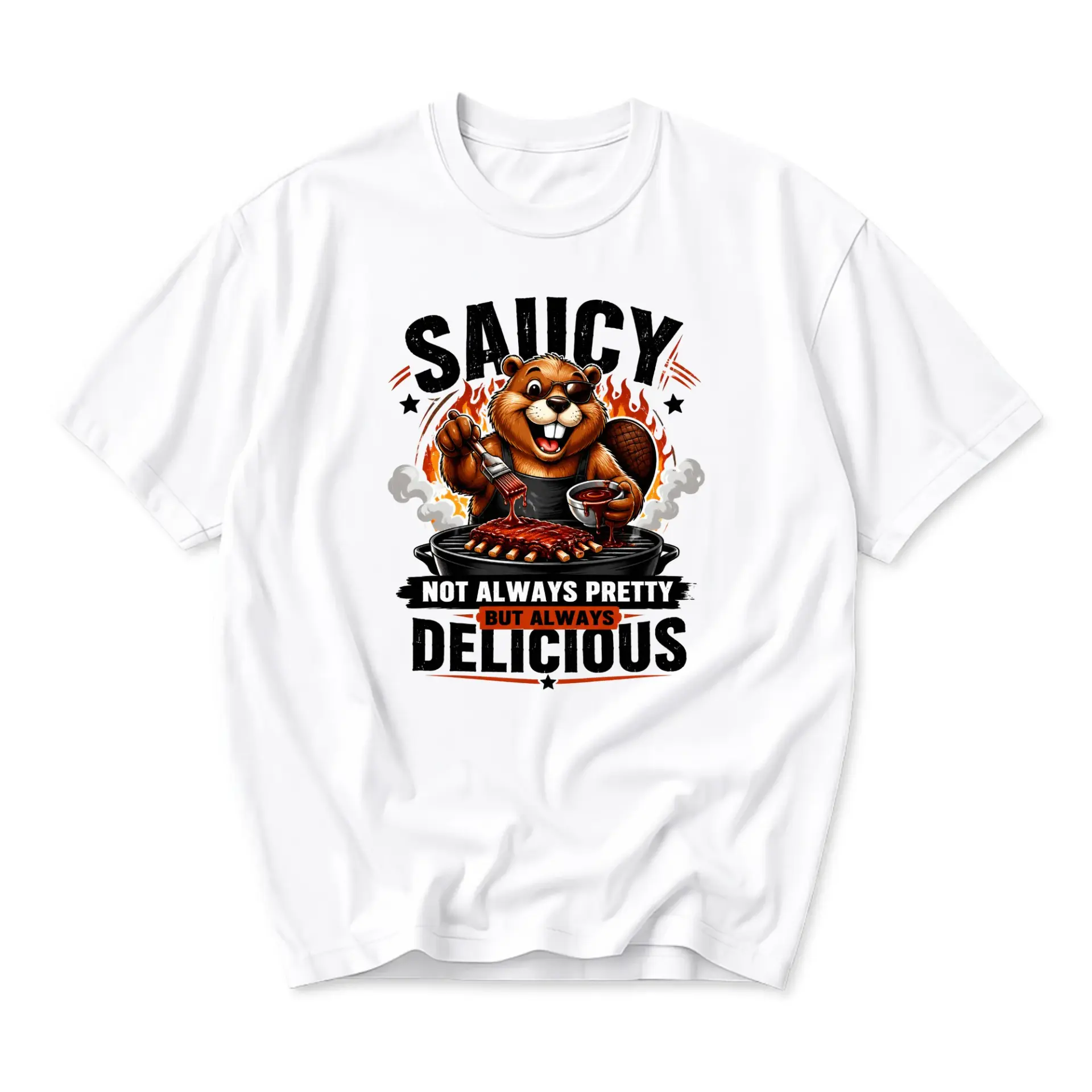 Funny Shirt Saucy Beaver Grilling Graphic Tee Unisex Cotton Crew Neck