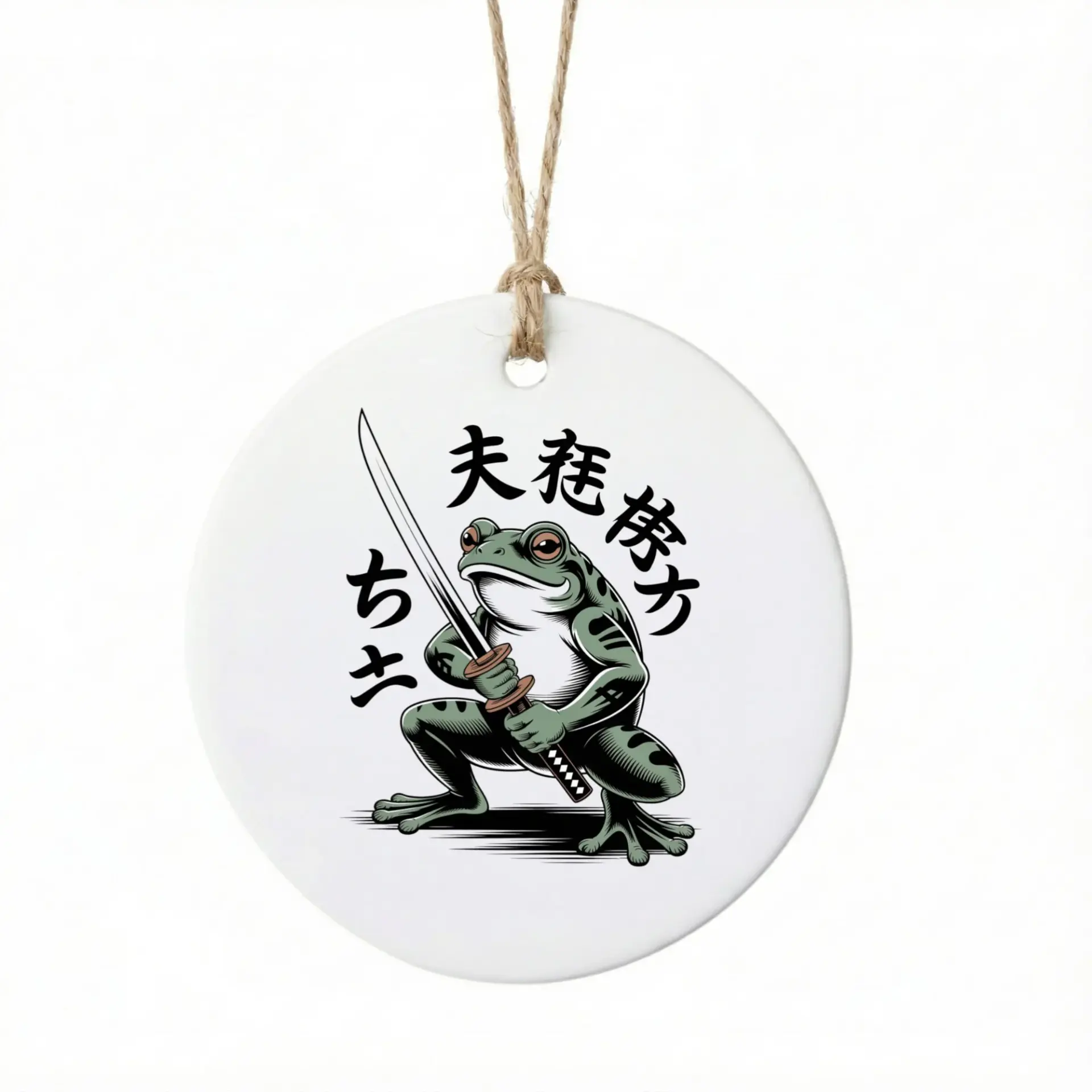 Ceramic Christmas Ornament Featuring a Detailed Samurai Frog Warrior Illustration with Traditional Japanese Text Style