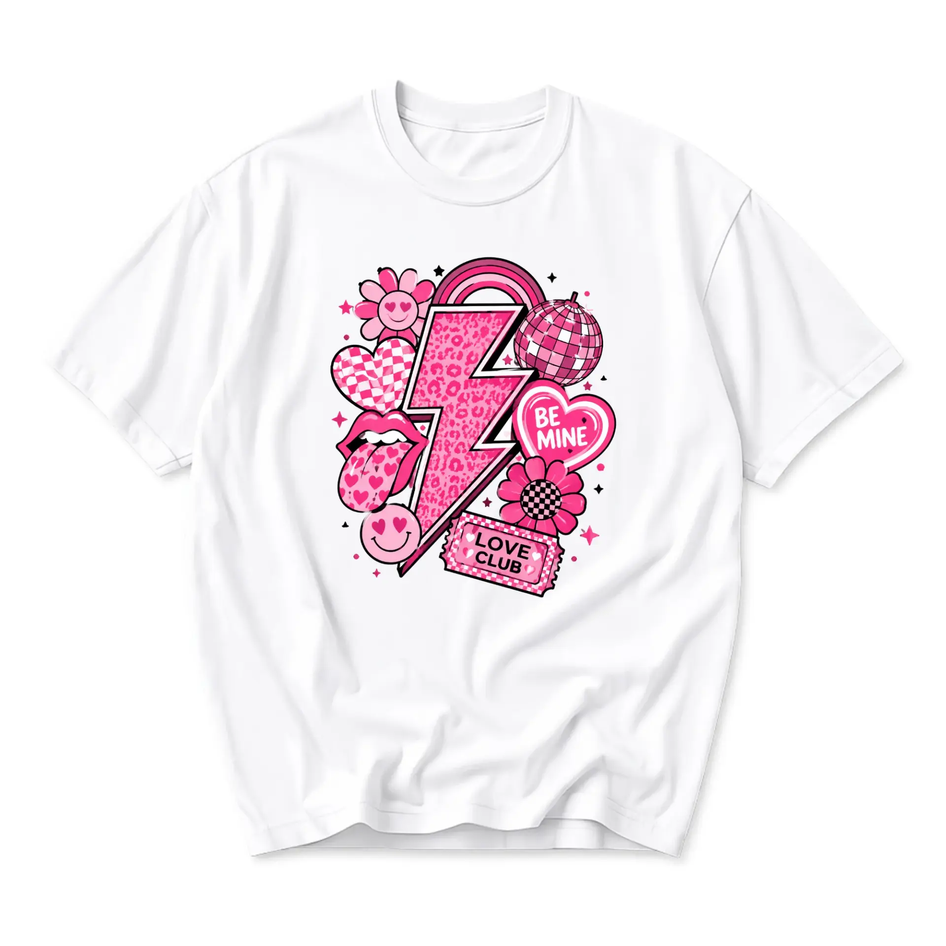 Graphic Tee Love Club Pink Aesthetic Lightning Bolt Disco Ball Heart Unisex Crew Neck Short Sleeve Casual Cotton Shirt