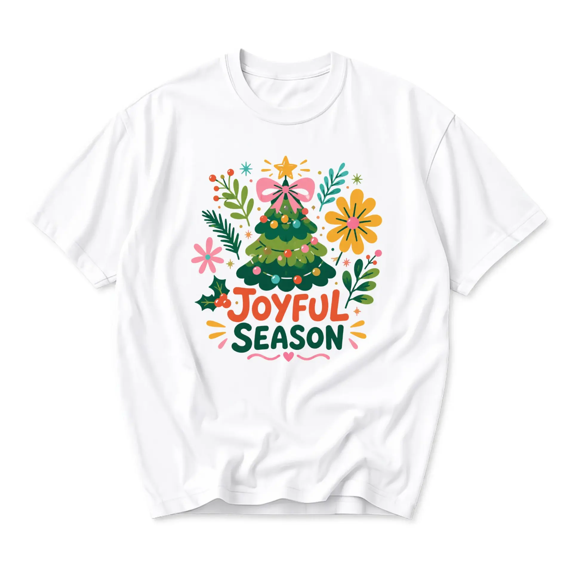 T-shirt Joyful Season Graphic Tee Holiday Pine Tree Floral Illustration Unisex Casual Soft Cotton Crew Neck Shirt