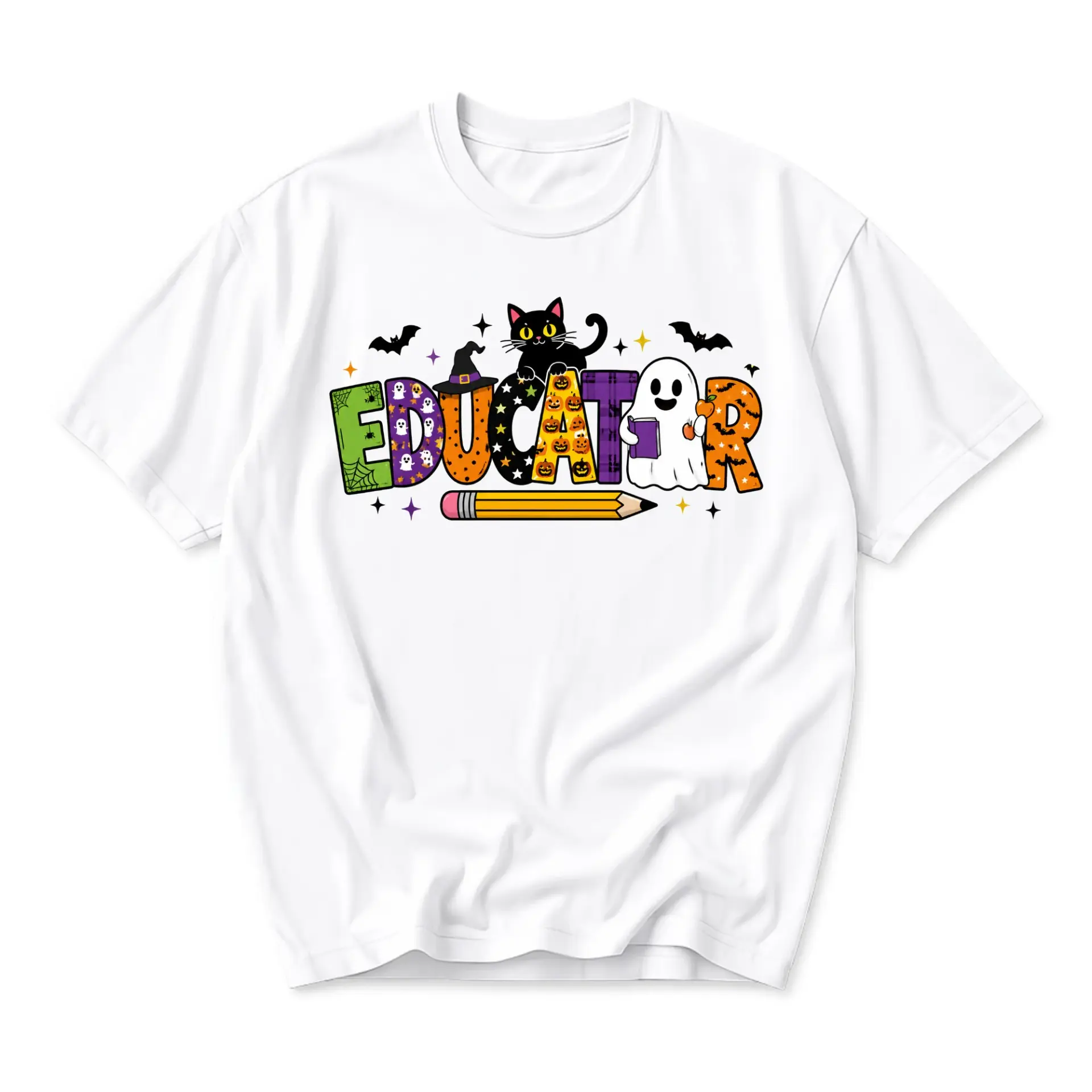 Graphic Tee Unisex Educator Halloween Shirt Fall Themed Seasonal Apparel for School Staff Professional Casual Wear White