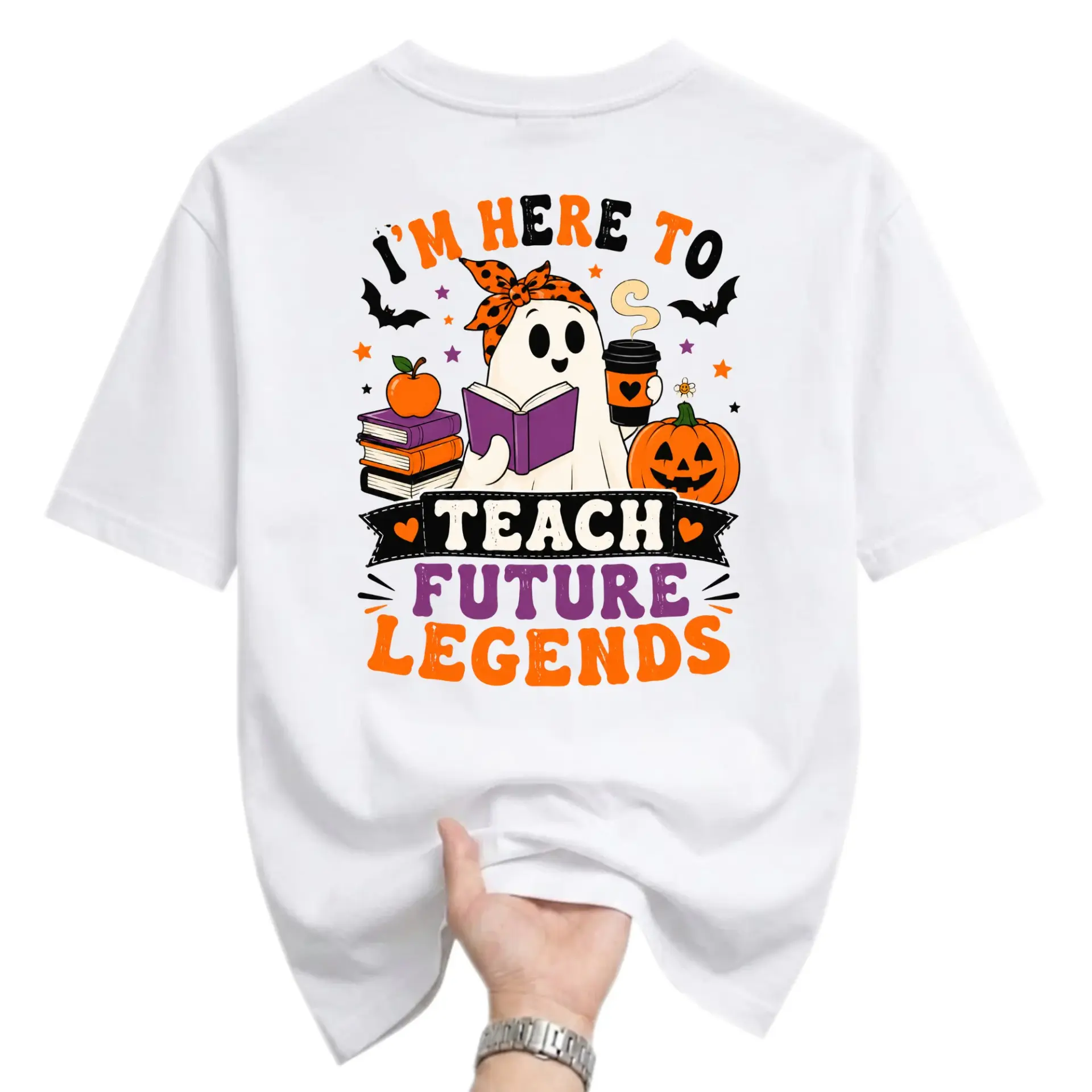 Graphic Tee Unisex Crew Neck T-Shirt Featuring Spooky Ghost Teacher Design for Autumn Casual Wear and Daily Outfits