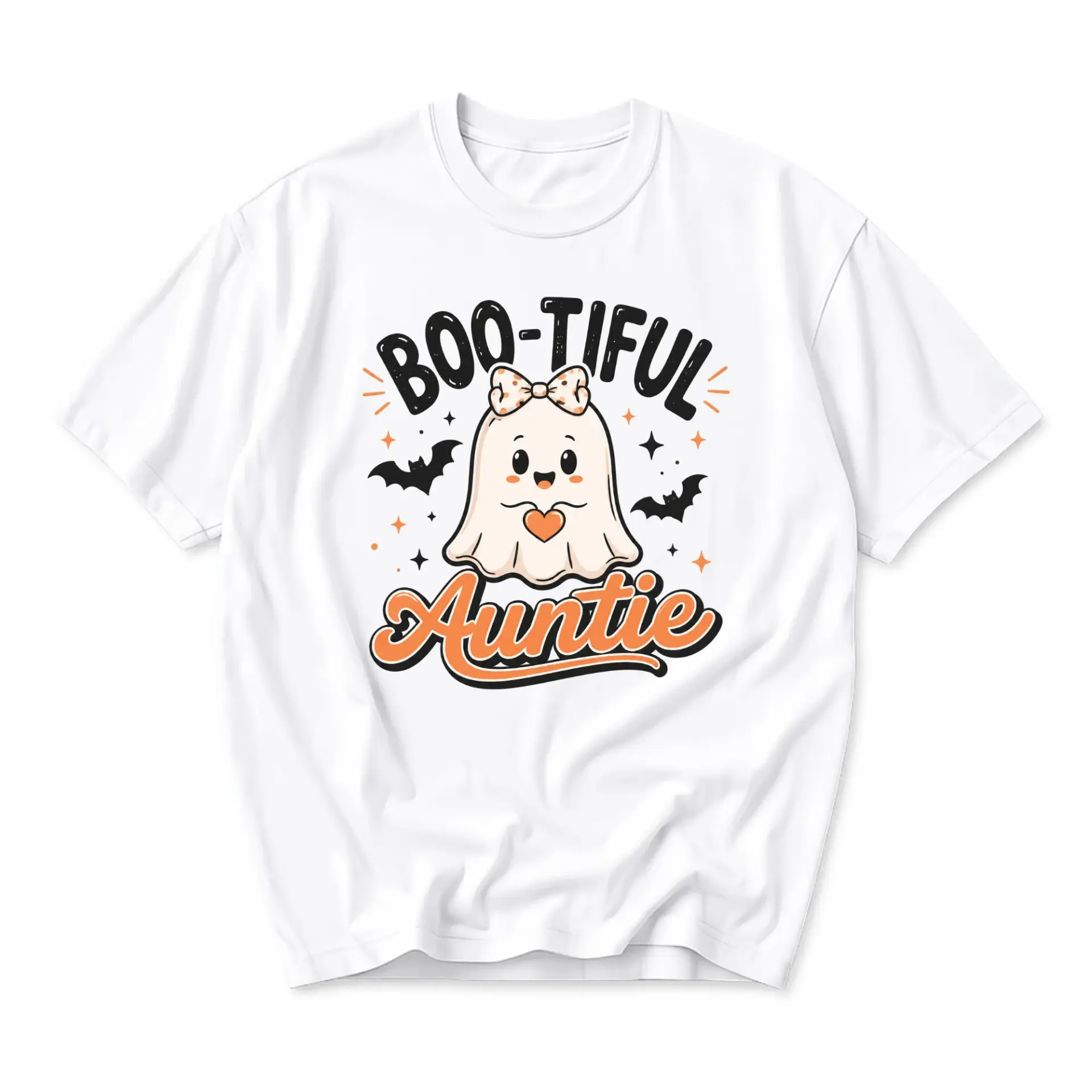 Funny Shirt Boo-Tiful Auntie Ghost Graphic Tee Cute Halloween Theme Unisex Crew Neck Casual Everyday Wear Top