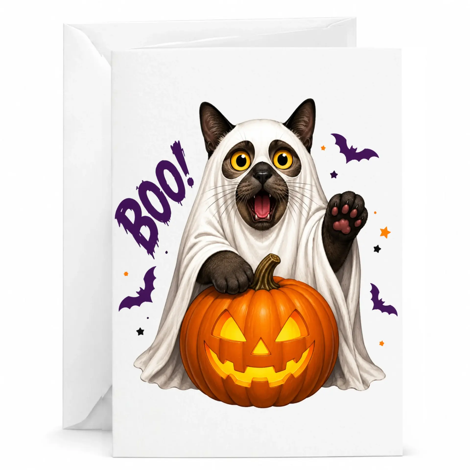Funny Cat Greeting Card Featuring Cute Kitten in Sheet Costume with O Lantern for Autumn Holiday Greetings
