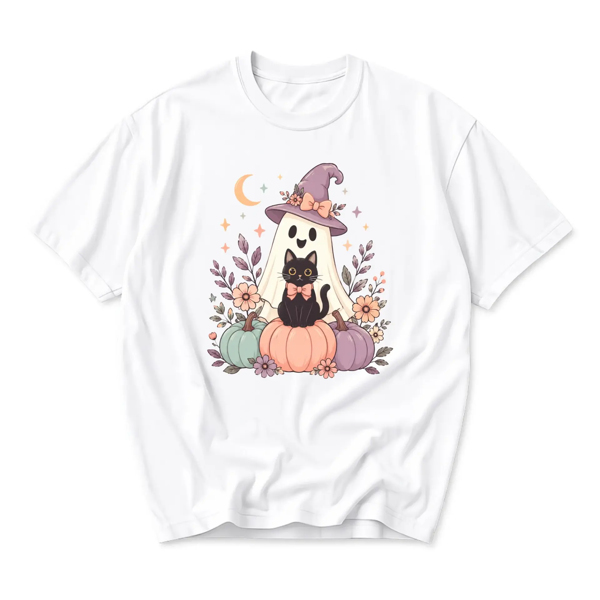 Graphic Tee Ghost Cat Pumpkin Floral Witch Hat Aesthetic Unisex Crew Neck Soft Cotton Blend Casual Everyday Short Sleeve