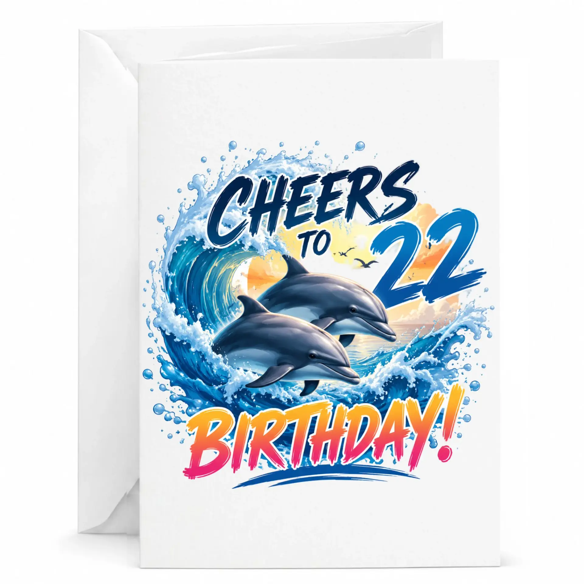 Birthday Card Cheers to 22 Years Ocean Dolphin Theme Greeting Card for Twenty Second Birthday Celebration Party